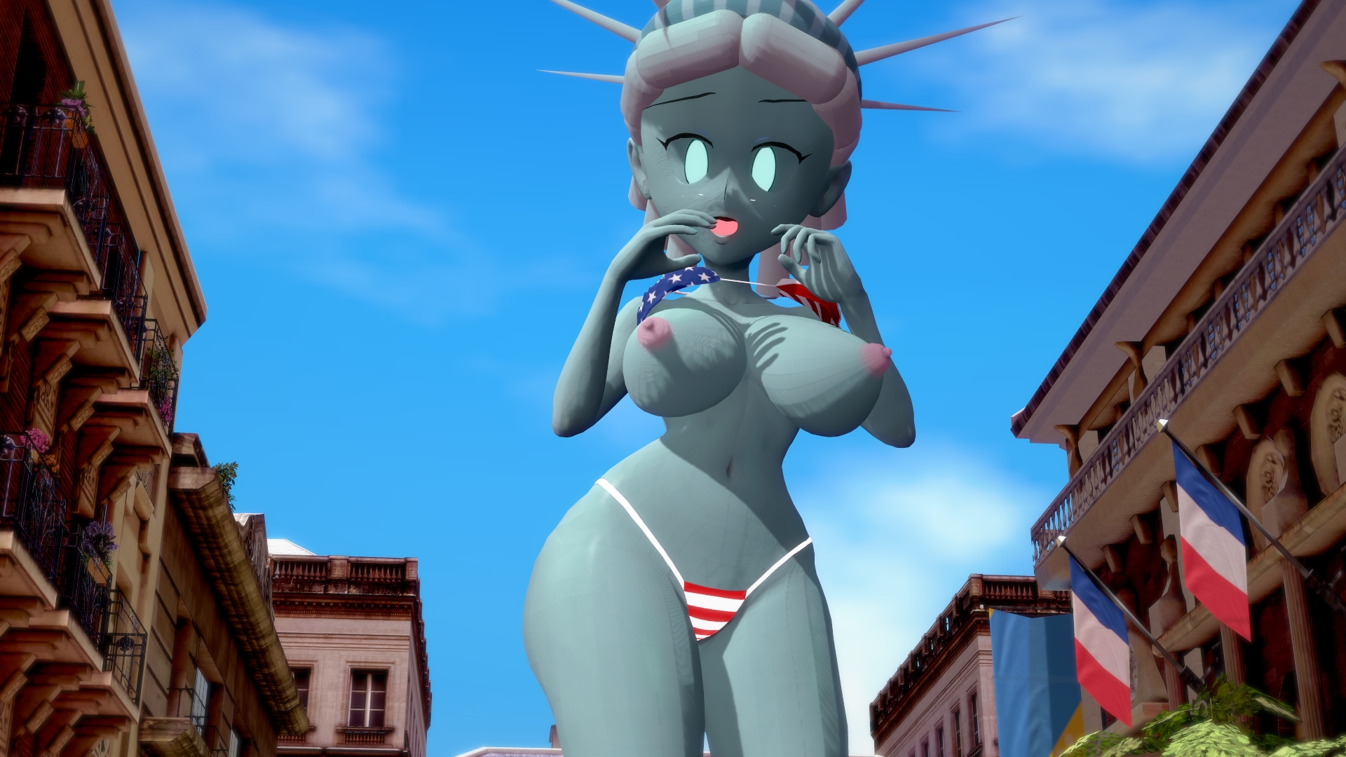 big breasts, bikini, bikini bottom, breasts, exposed breasts, female, giantess, lady liberty, public domain, statue of liberty, tagme