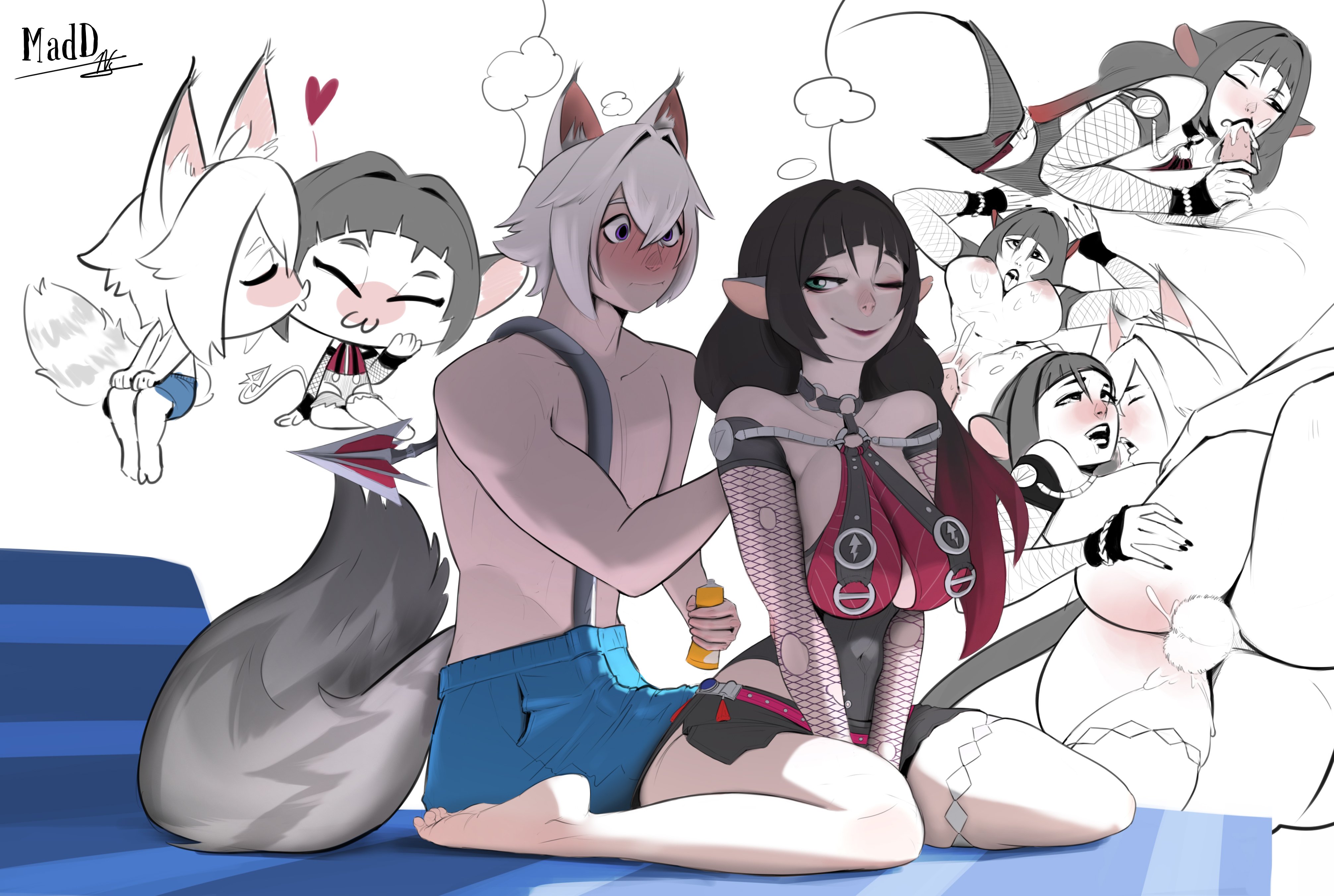 1boy, 1girls, bikini, blowjob, blush, breasts, breasts out, cat ears, cat tail, catboy, closed eyes, clothed, cum, cum in pussy, cum inside, hand on ass, heart symbol, imagination, imagining, jane doe (nocturne of light) (zenless zone zero), jane doe (zenless zone zero), kissing, madd, multiple poses, nervous, official alternate costume, oral sex, rat ears, rat girl, rat tail, seth lowell, simple background, spoon position, spooning, thinking, thinking about sex, vaginal penetration, vaginal sex, zenless zone zero