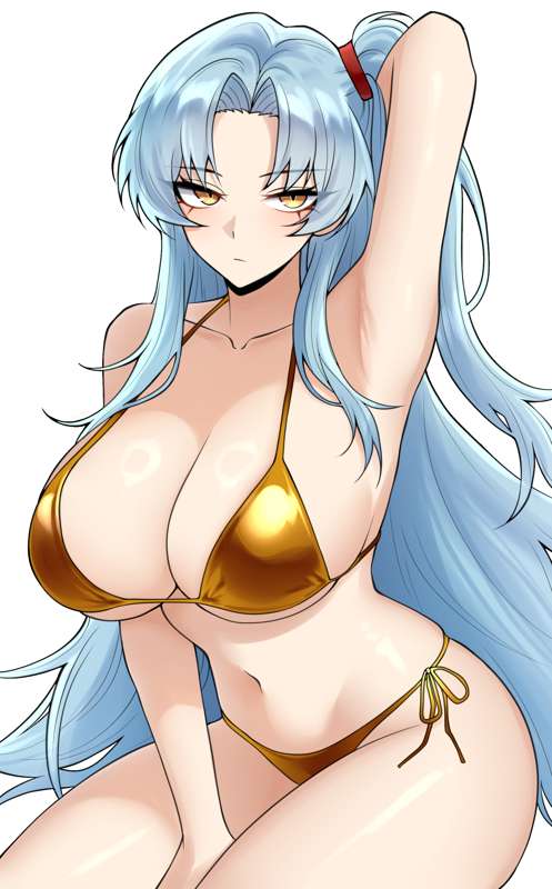 angela (lobotomy corporation), big breasts, bikini, blue hair, breasts, cleavage, large breasts, lobotomy corporation, project moon, vvernerluniq, yellow eyes