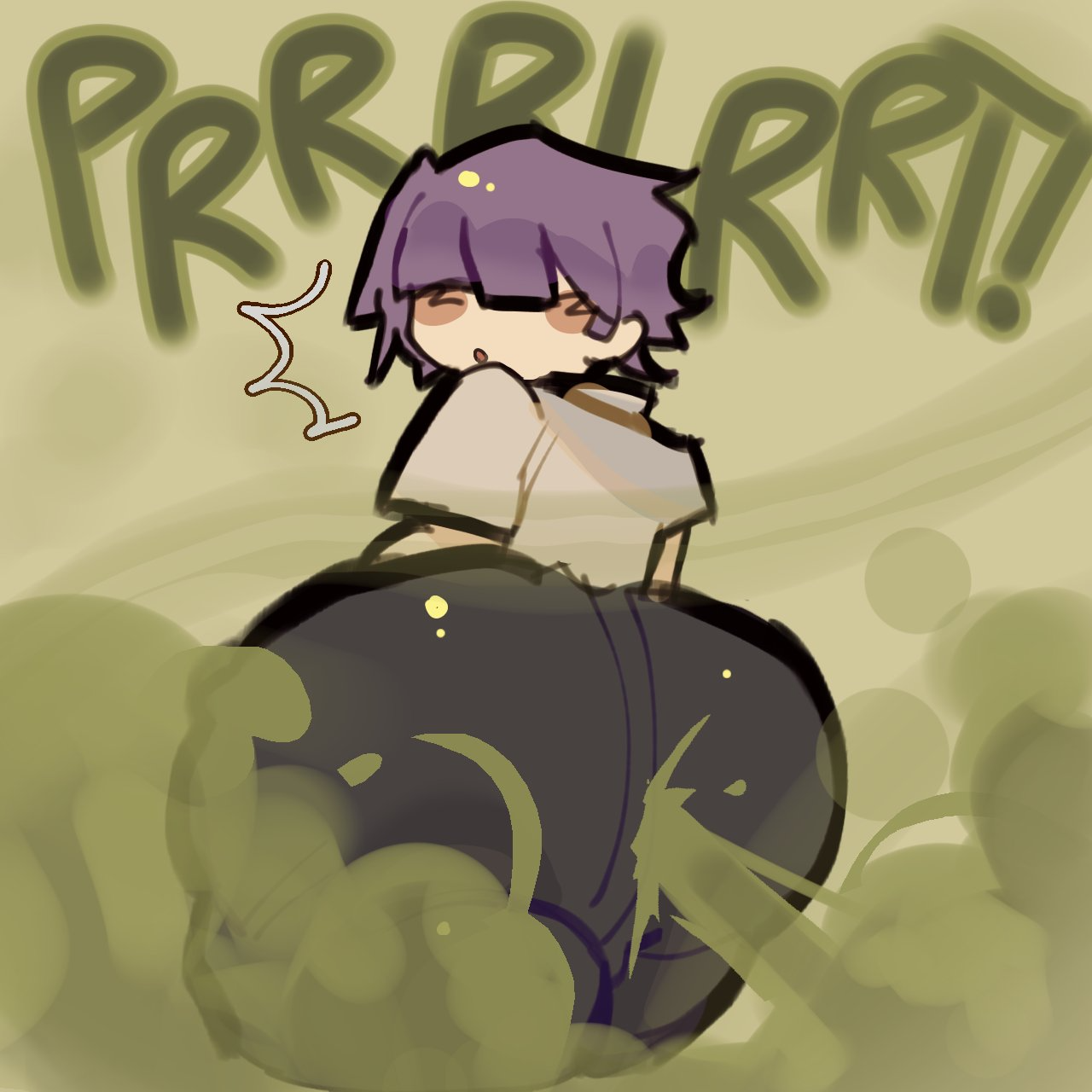 1boy, 1male, 2d, 2d (artwork), 2d artwork, aged up, ass, ass bigger than head, ass bigger than torso, ass focus, big ass, big ass (male), big butt, black legwear, black pants, butt bigger than head, butt bigger than torso, butt focus, cheek blush, covered eyes, dazziezy, eyes covered, fart, fart cloud, fart everywhere, fart fetish, farting, from behind, green fart, green fart cloud, green gas, green gas cloud, irougaki, looking back, male, male fart, male only, onomatopoeia, purple hair, puyo puyo, puyo puyo 7, sasaki maguro, sega, shiny ass, shiny butt, shiny hair, solo, solo male, surprised, surprised expression, white shirt
