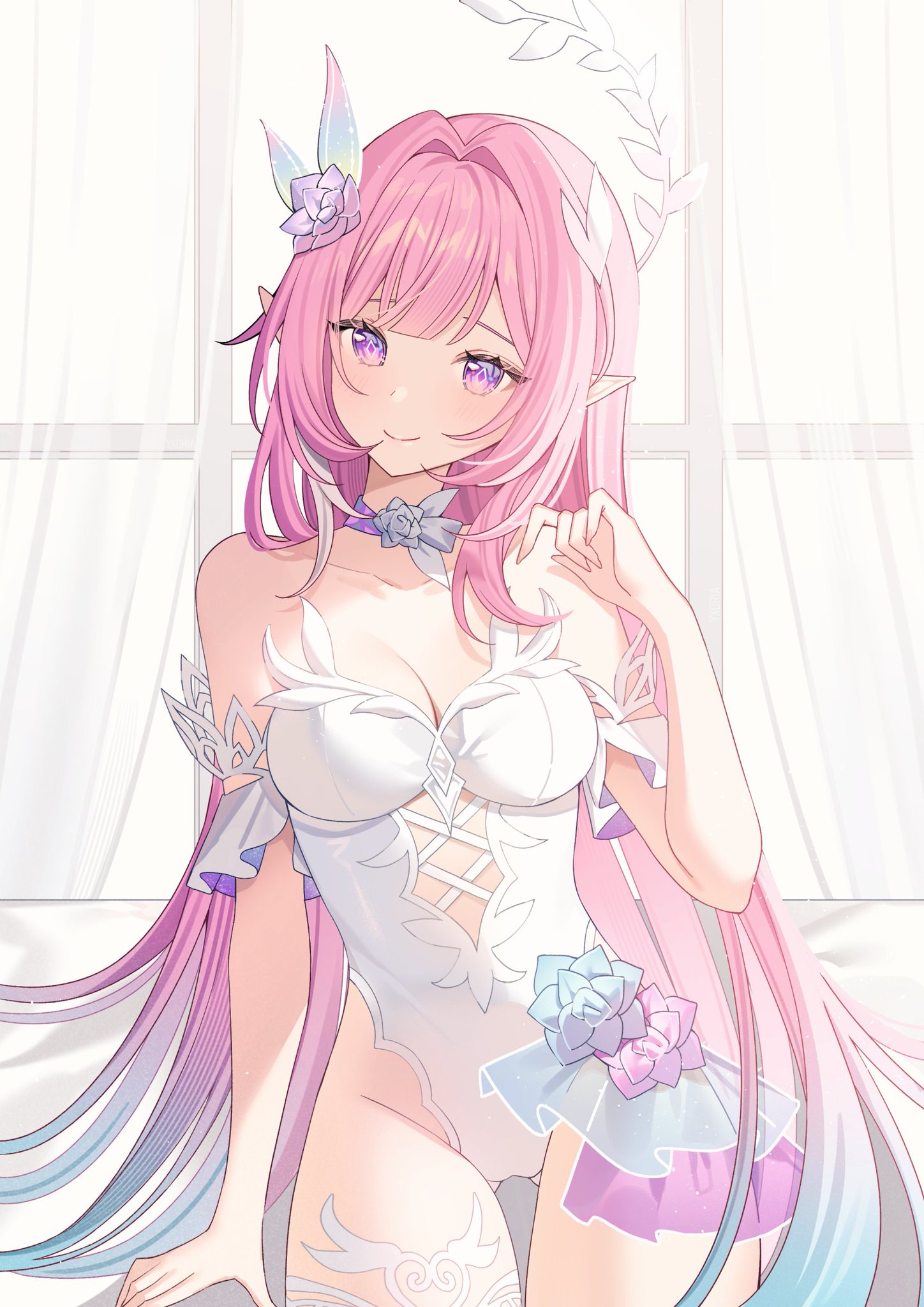 1girls, bed, cyrene (honkai: star rail), cyrene (ripples of past reverie) (honkai: star rail), female, honkai (series), honkai: star rail, hoyoverse, leotard, long hair, mihoyo, pink hair, purple eyes, sitting, sitting on bed, very long hair, white leotard
