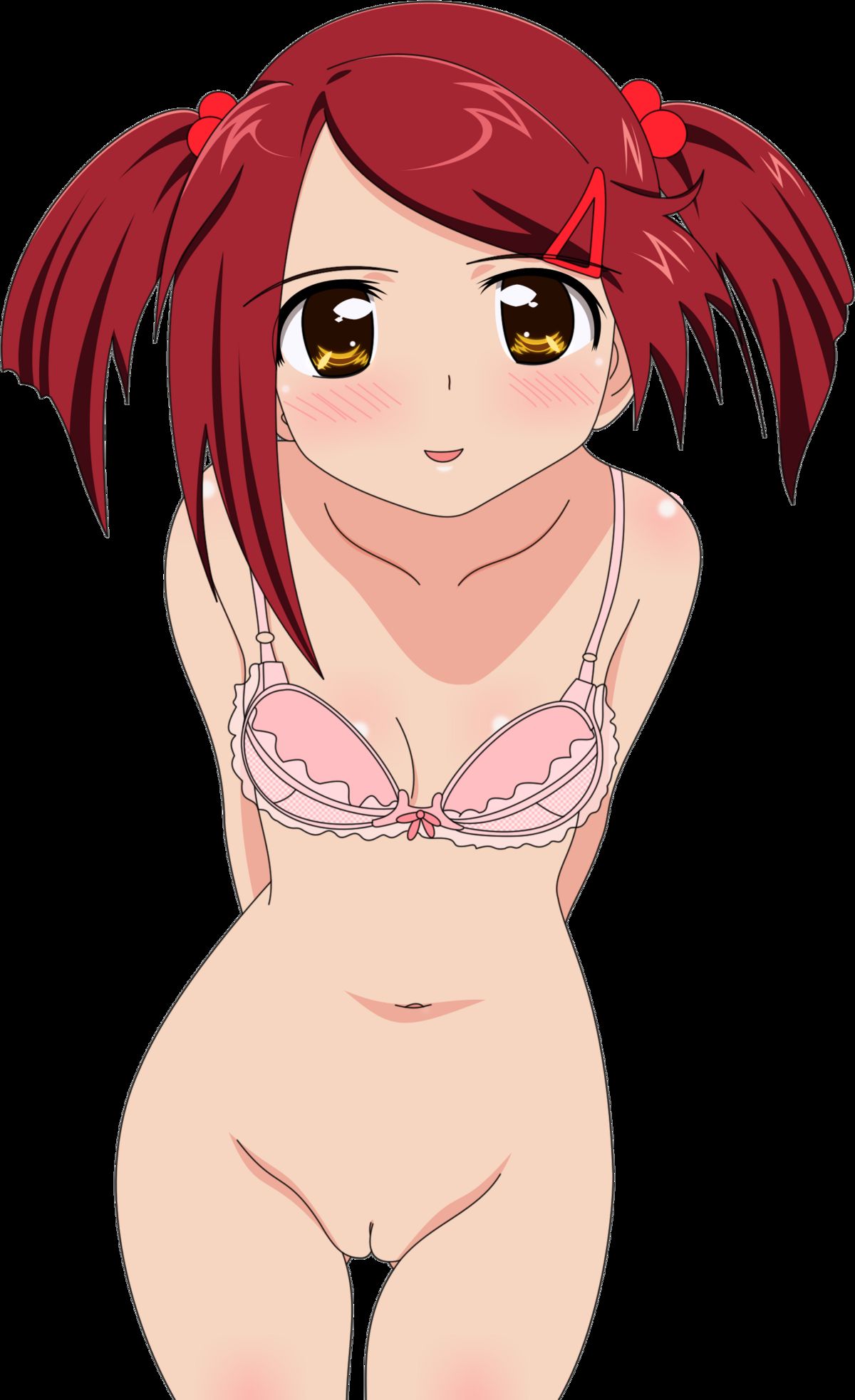 1girls 2d artist_request blush bra bra_only breasts female female_only hair highres human human_female human_only kissxsis lingerie looking_at_viewer no_panties open_eyes open_mouth open_smile pink_bra pussy red_hair smile solo suminoe_ako uncensored underwear underwear_only