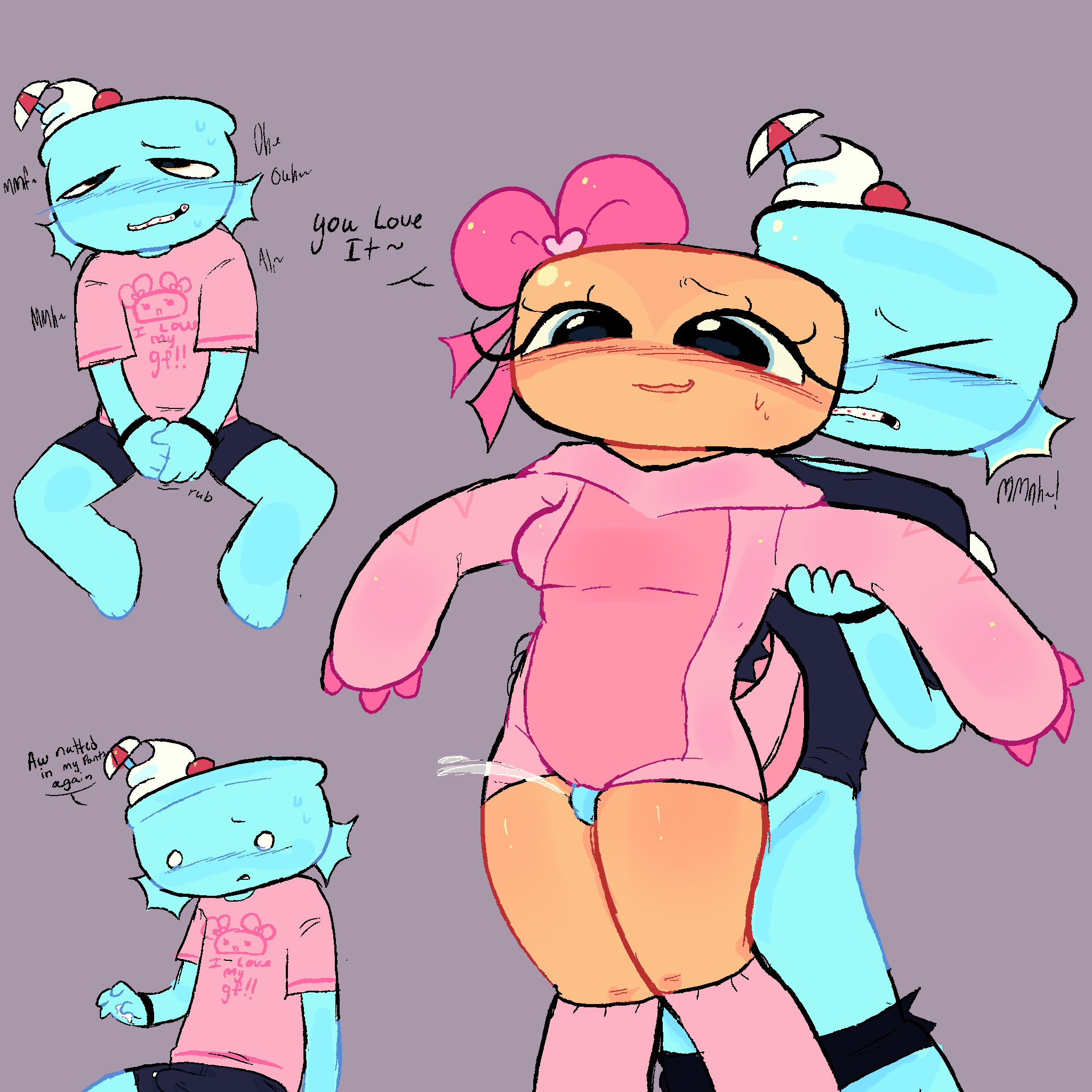 bonessss, clothing, cum, cum in clothes, cum in clothing, cum in pants, cum outside, cumshot, dandy's world, finn (dandy's world), shelly (dandy's world), thigh sex