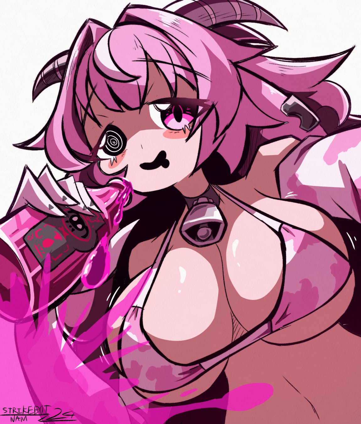 alcohol bikini black_mouth blush drool femme_soule holding_bottle huge_breasts panther_print pink_bikini pukey_goddess_shot_trick tag upper_body