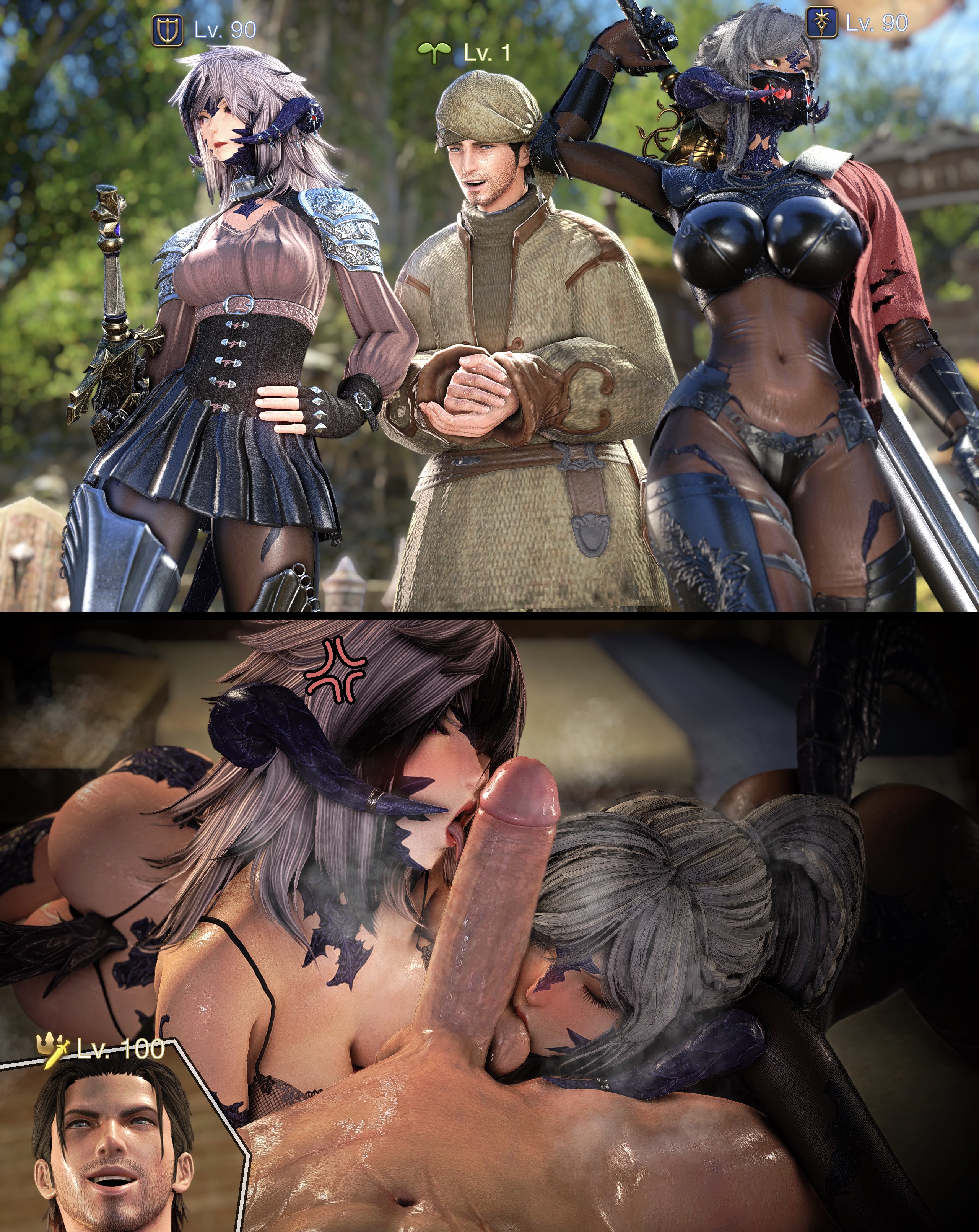 1boy, 2girls, abs, au ra, big cock, big dick, big penis, bikini, blowjob, blush, breasts, cleavage, clothed, clothes, clothing, cock, cock worship, curvaceous, curvaceous body, curvaceous female, curvaceous figure, curvaceous hips, curvy, curvy body, curvy female, curvy figure, curvy hips, defeated, dick, dominant male, female, ff xochiq, final fantasy, final fantasy xiv, hips, horns, instant loss, instant loss 2koma, larger female, lingerie, long heair, male, multiple girls, oc, original character, penis, shorter male, smaller male, straight, submissive female, tail, taller female, thick hips, thick thighs, thighs, tongue, tongue out, wide hips
