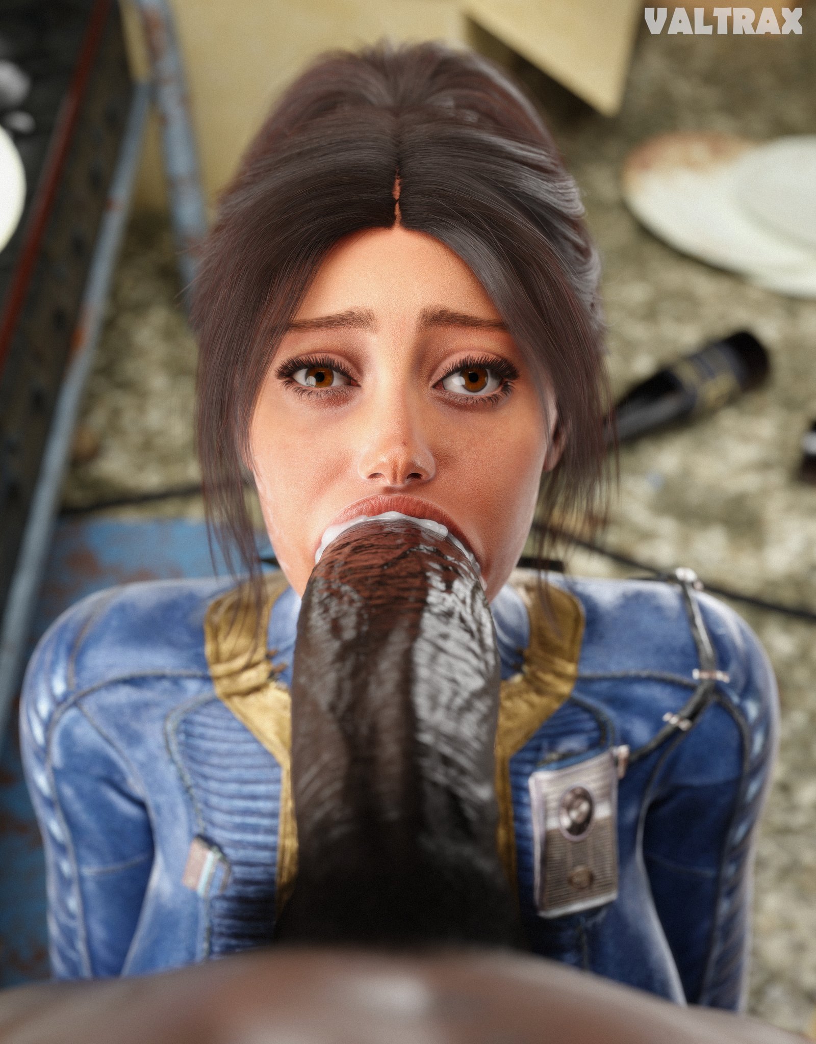 1girls, 3d, breasts, clothing, cum in mouth, dark-skinned male, ella purnell, fallout, fallout (series), fallout (tv series), fellatio, female, human, interracial, light-skinned female, looking at viewer, lucy maclean, male, pale skin, pov, pov blowjob, pubic hair, tagme, valtrax, vault suit