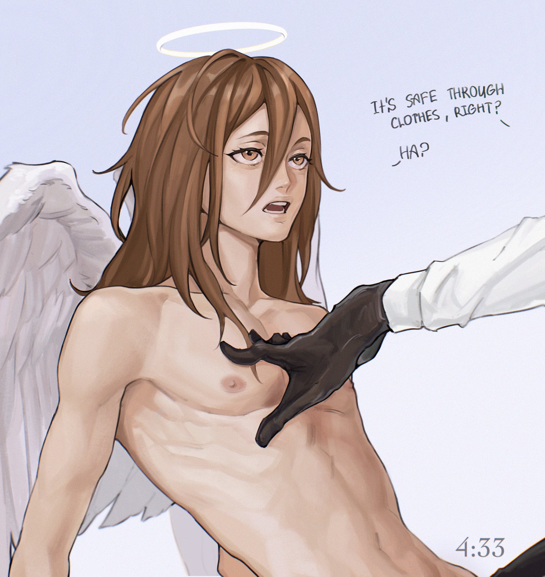 2boys, angel devil (chainsaw man), chainsaw man, femboy, femboy on male, gay, gloves, godschildaran, halo, hand on chest, hayakawa aki, imminent sex, long hair, male, mappa, messy hair, nude, stomach, topless, wings, yaoi