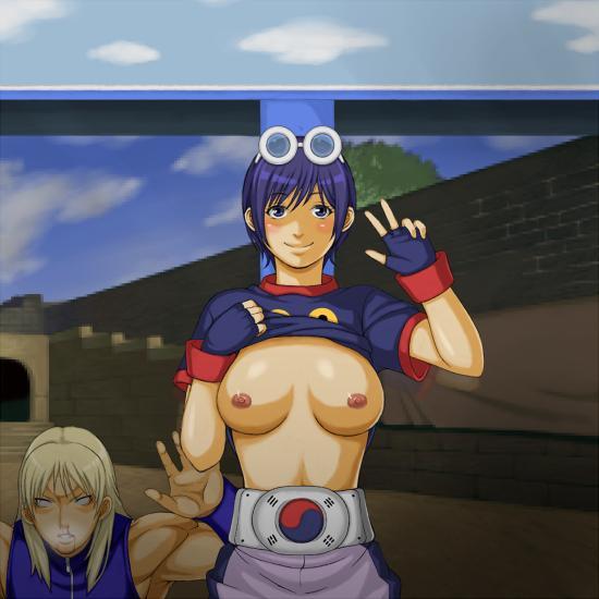 blue_hair breasts female flashing front_view glasses human jhun_hoon king_of_fighters male may_lee nipples pale_skin partially_clothed solo_focus tagme