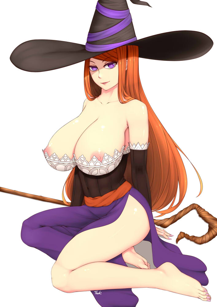 1girls areolae barefoot big_breasts breasts cleavage clothing dragon's_crown exposed_breasts feet female female_only hair hat huge_breasts large_breasts legs long_hair looking_at_viewer nipples orange_hair purple_eyes seductive solo sorceress_(dragon's_crown) thighs tsuki_riven video_games witch_hat