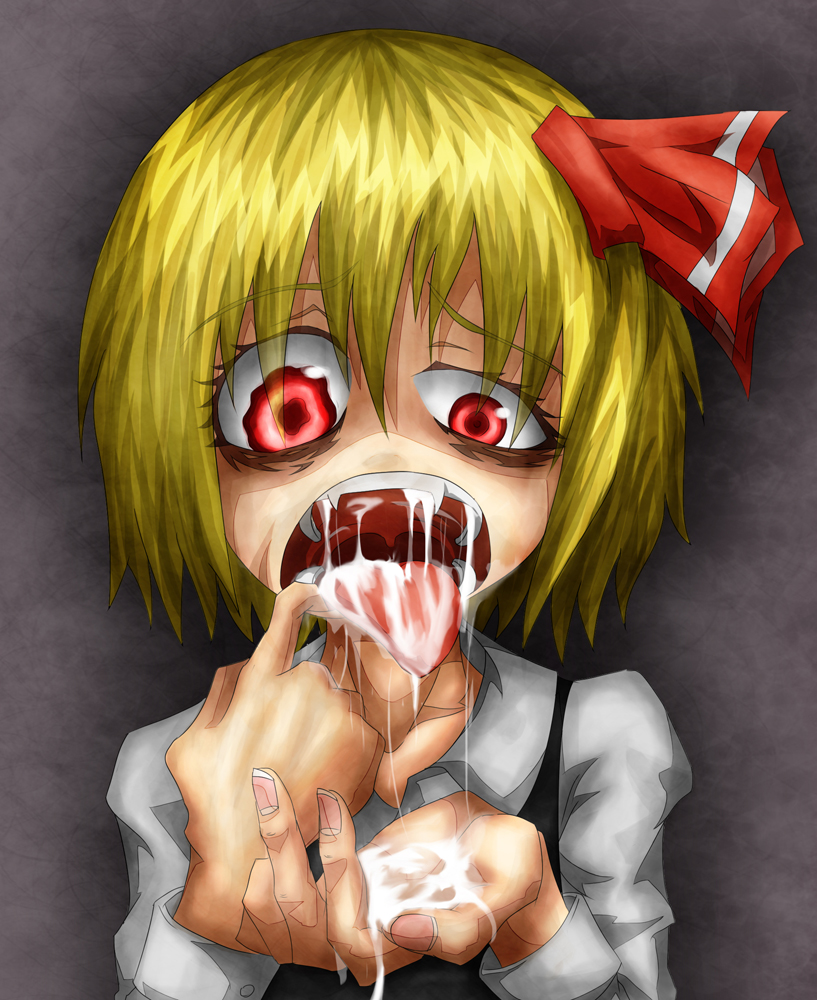 1girls 2d 2d_(artwork) after_fellatio bags_under_eyes blonde_hair clothed clothed_female cum cum_in_hands cum_in_mouth fangs hair_ribbon hairbow mouth_open ray-kbys red_eyes ribbon rumia scary scary_face scary_sex short_hair solo teeth touhou wide_open_mouth yellow_hair