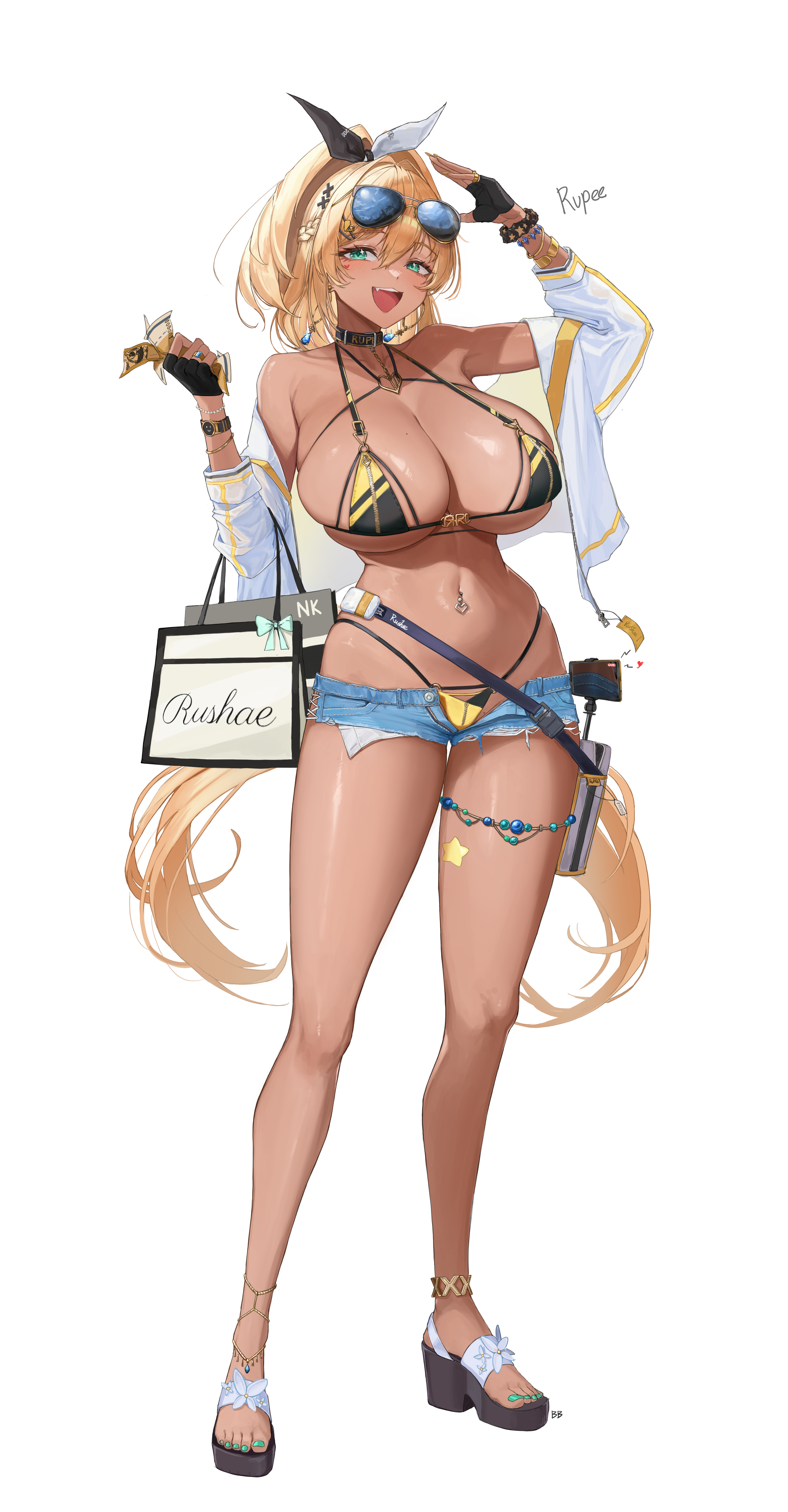 1girls, bikini, blonde hair, booty shorts, breasts, buff bard, denim shorts, female, goddess of victory: nikke, green eyes, gyaru, hi res, hips, huge breasts, jean shorts, long hair, naughty face, rupee (nikke), short shorts, shorts, tan, tan-skinned female, tanned skin, thick thighs, thighs, wide hips