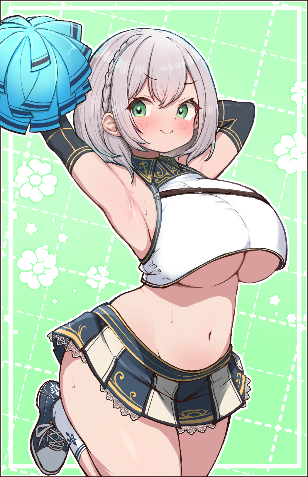 adapted_costume armpits arms_up blush braid breasts cheerleader commentary_request female french_braid green_background green_eyes grey_hair highres hololive kani_bonara large_breasts looking_at_viewer microskirt navel pleated_skirt pom_pom_(cheerleading) shirogane_noel shirogane_noel_(1st_costume) short_hair skirt smile solo stomach underboob virtual_youtuber