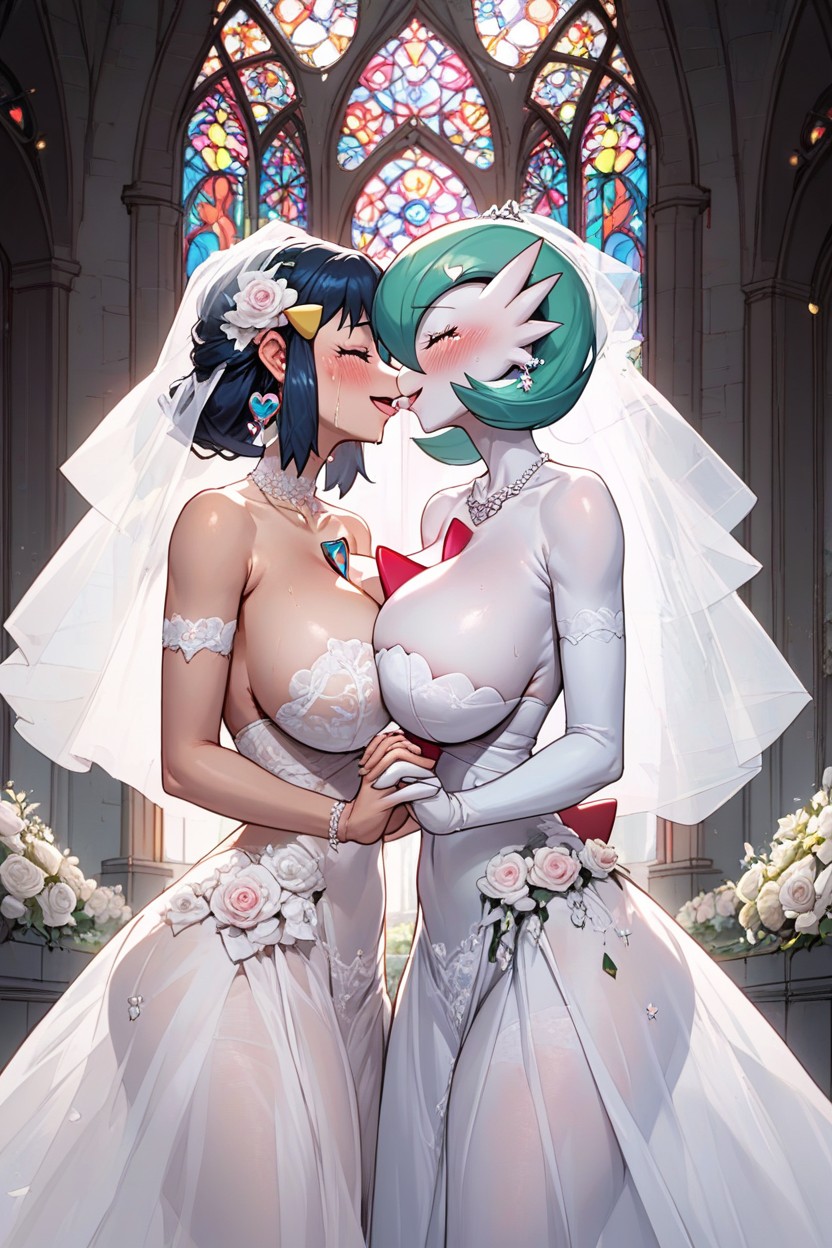 2girls aedel_hentai aedel_sfw ai_generated breasts_against_breasts bridal_veil bride church church_interior dawn_(pokemon) gardevoir holding_hands kissing lesbian_couple lesbian_kiss lesbian_wedding marriage married_to_feral pokémon_(species) pokemon pokemon_(species) pokephilia wedding wedding_dress wedding_veil yuri