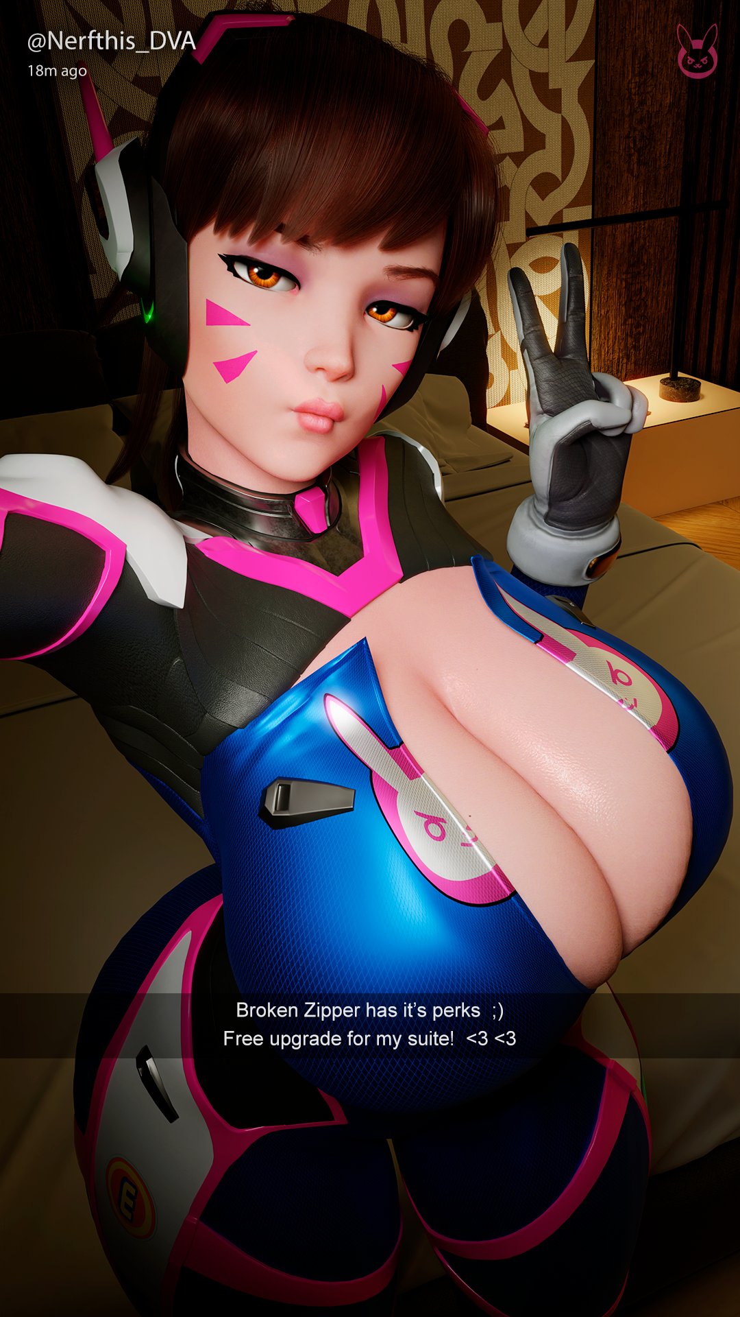 1girl 3d amber_eyes asian asian_female big_breasts blizzard_entertainment breasts brown_hair caption d.va headphones huge_breasts light-skinned_female light_skin looking_at_viewer makeup overwatch overwatch_2 peace_sign ripped_clothing selfie snoopz tight_clothing v_sign voluptuous watermark young_woman