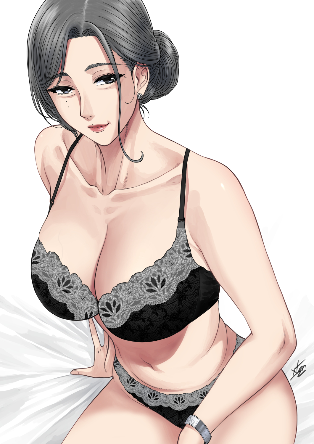 1girls black_bra black_panties bra breasts gilf granny grey_eyes grey_hair hair_bun large_breasts original xtermination