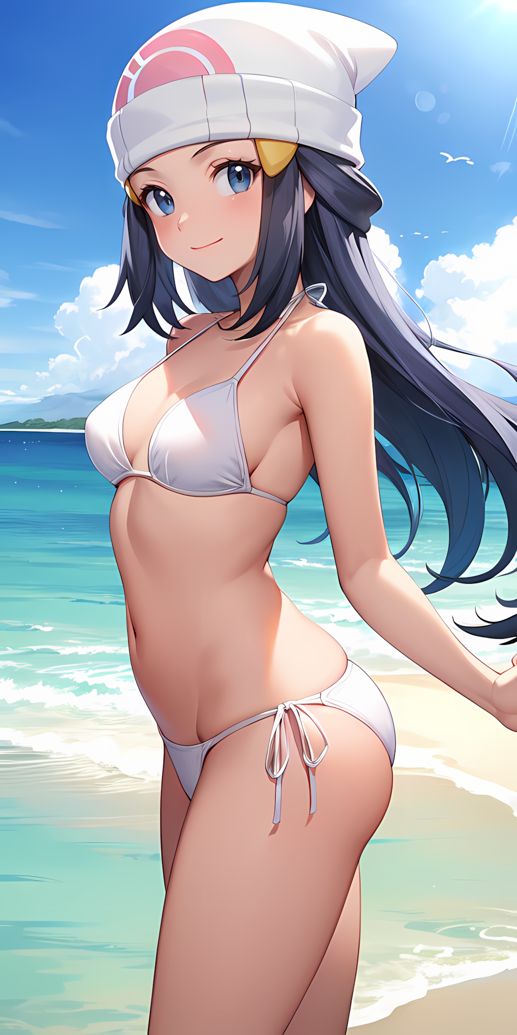 ai generated, beach, beach background, bikini, blue eyes, blue hair, cap, dawn (pokemon), female, female only, game freak, hi res, khenai, long hair, looking at viewer, navel, pokemon, pokemon dppt, smile