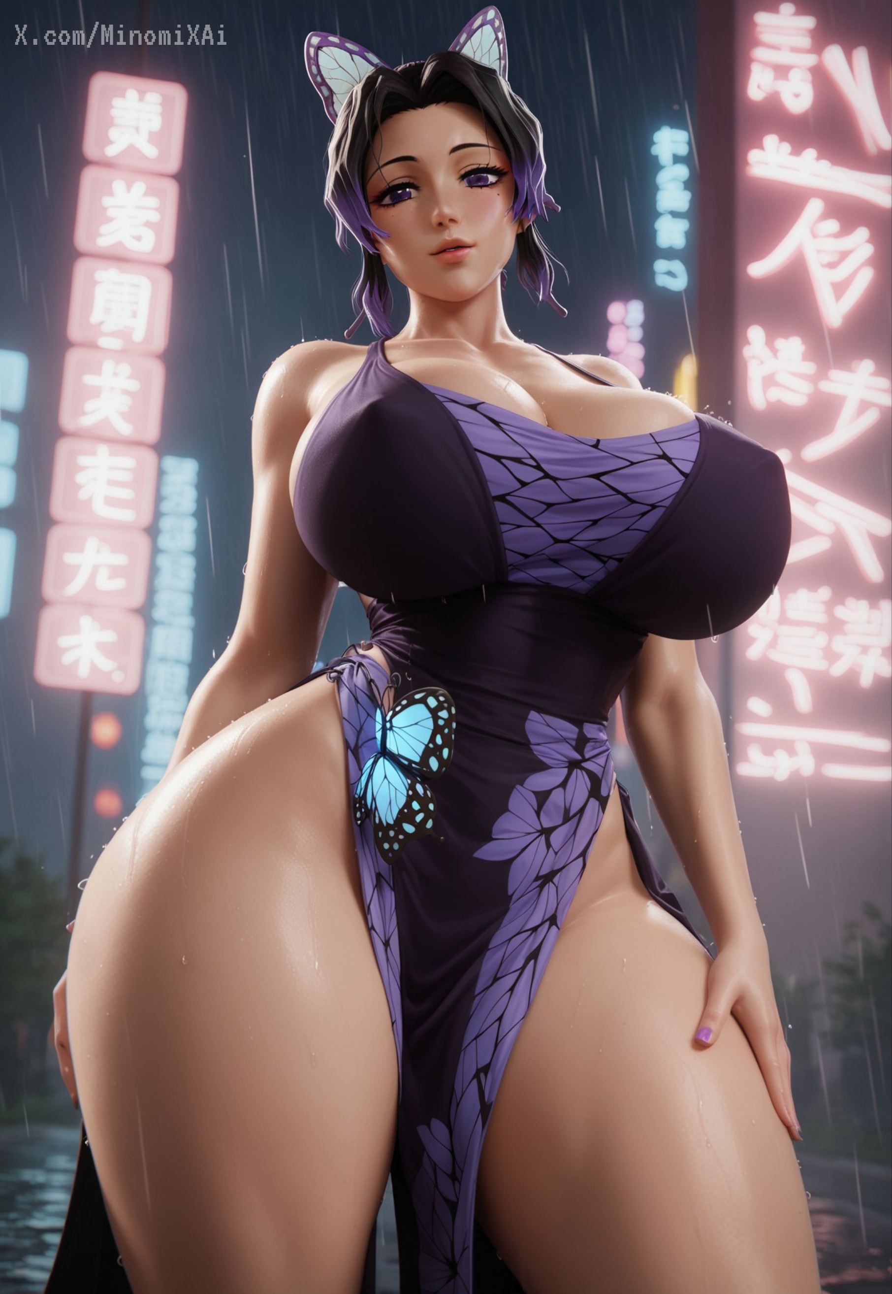 1girls, ai assisted, ai generated, bare shoulders, black hair, breasts, butterfly hair ornament, city, cleavage, clothed, curvy, curvy figure, demon slayer, female, hair ornament, huge breasts, japanese clothes, kimetsu no yaiba, kochou shinobu, lips, minomixai, mommy, multicolored hair, nail polish, navel, neon lights, outdoors, outside, parted lips, purple eyes, purple hair, rain, seductive, seductive look, solo, solo focus, thick thighs, wet, wet body, wide hips