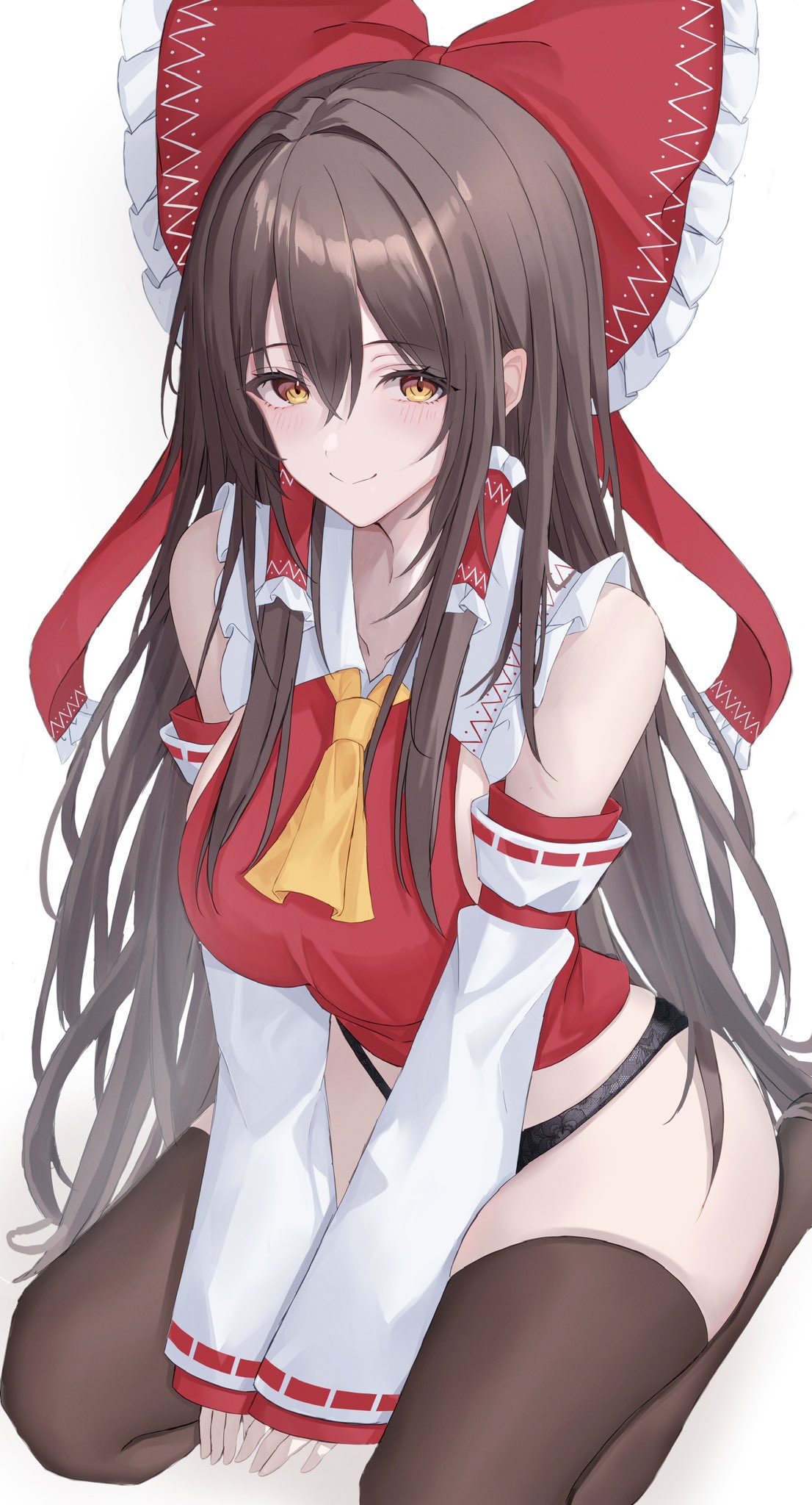 7saki bare_shoulders detached_sleeves female_only hakurei_reimu hips legwear light-skinned_female long_hair looking_at_viewer miko panties red_bow reimu_hakurei shiny_skin sitting sitting_on_floor smiling_at_viewer solo_focus topless topless_female touhou underwear underwear_only very_long_hair white_background yellow_eyes