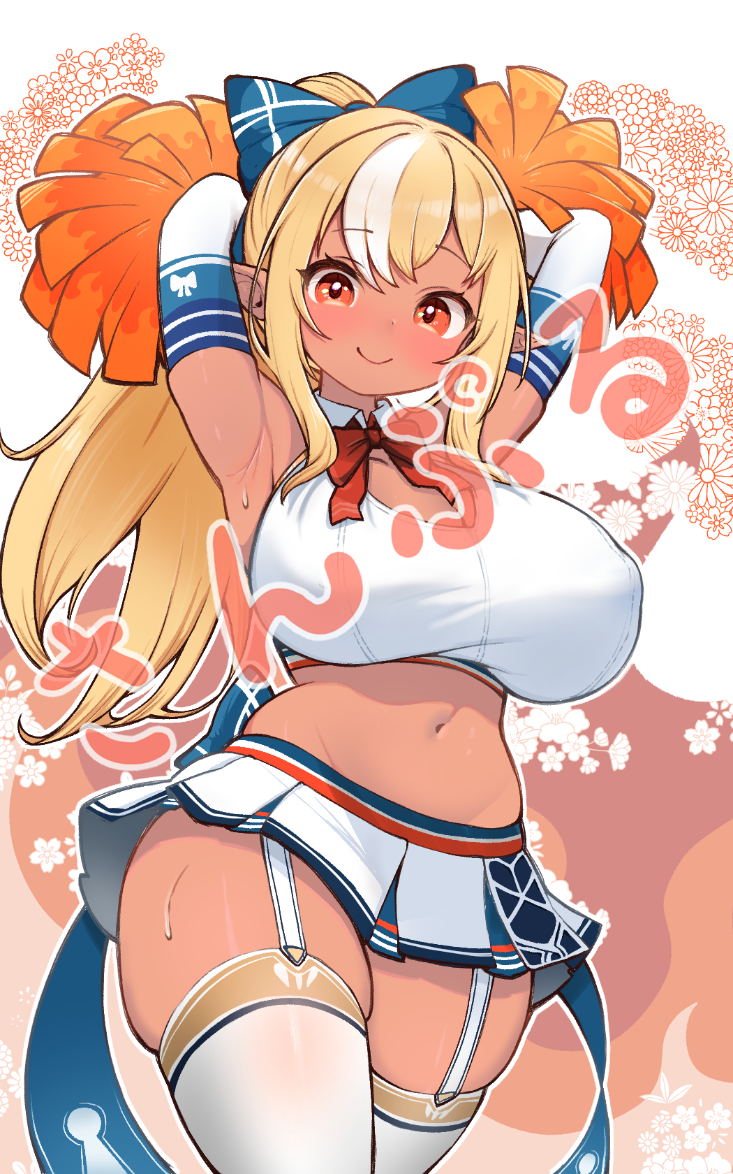 adapted_costume armpits arms_up blonde_hair blush bow breasts cheerleader cleavage dark-skinned_female dark_elf dark_skin elf female hairbow highres holding holding_pom_poms hololive kani_bonara large_breasts long_hair looking_at_viewer midriff multicolored_hair navel pointy_ears pom_pom_(cheerleading) ponytail red_eyes shiranui_flare shiranui_flare_(1st_costume) sidelocks smile solo streaked_hair thick_thighs thighhighs thighs virtual_youtuber white_hair