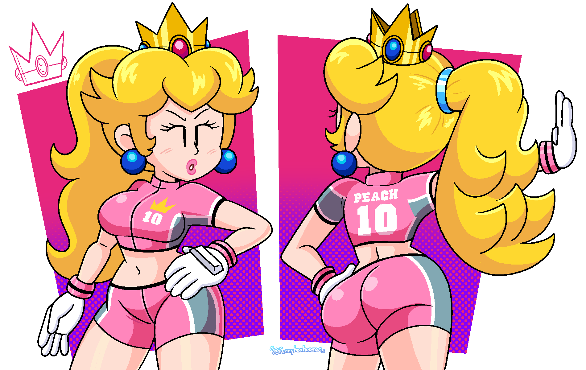 1girls ass big_ass breasts crown dat_ass funnyhoohooman huge_ass mario_(series) mario_strikers mario_strikers_peach_back_view_redraw_(meme) pink_outfit pink_shorts ponytail_(hair) princess_peach solo solo_female wide_hips