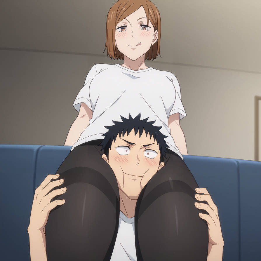 1boy 1girls :p blushing female flustered_male from_below happy_male head_between_thighs headlock headlock_with_thighs human jujutsu_kaisen kugisaki_nobara male nylons pantyhose thick_thighs thigh_choking thigh_crush thigh_focus thigh_squish thighs