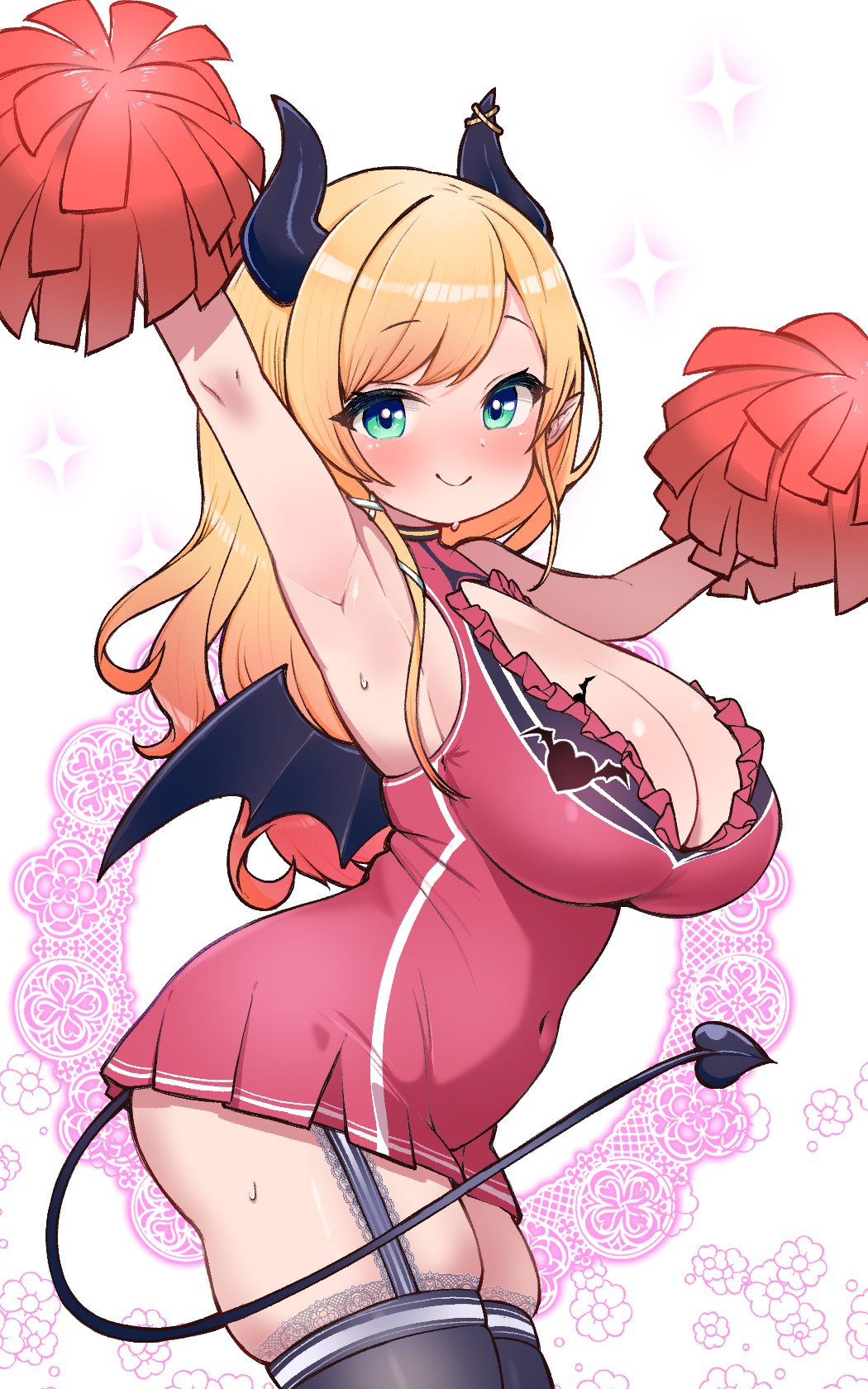 alternate_costume armpits arms_up black_thighhighs blonde_hair blue_eyes blush breasts cheerleader cleavage commentary covered_navel cowboy_shot demon_girl demon_horns demon_tail demon_wings female from_side garter_straps highres hololive horns kani_bonara lace-trimmed_thighhighs large_breasts long_hair looking_at_viewer pointy_ears pom_pom_(cheerleading) skindentation smile solo succubus swept_bangs symbol-only_commentary tail thighhighs virtual_youtuber white_background wings yuzuki_choco zettai_ryouiki