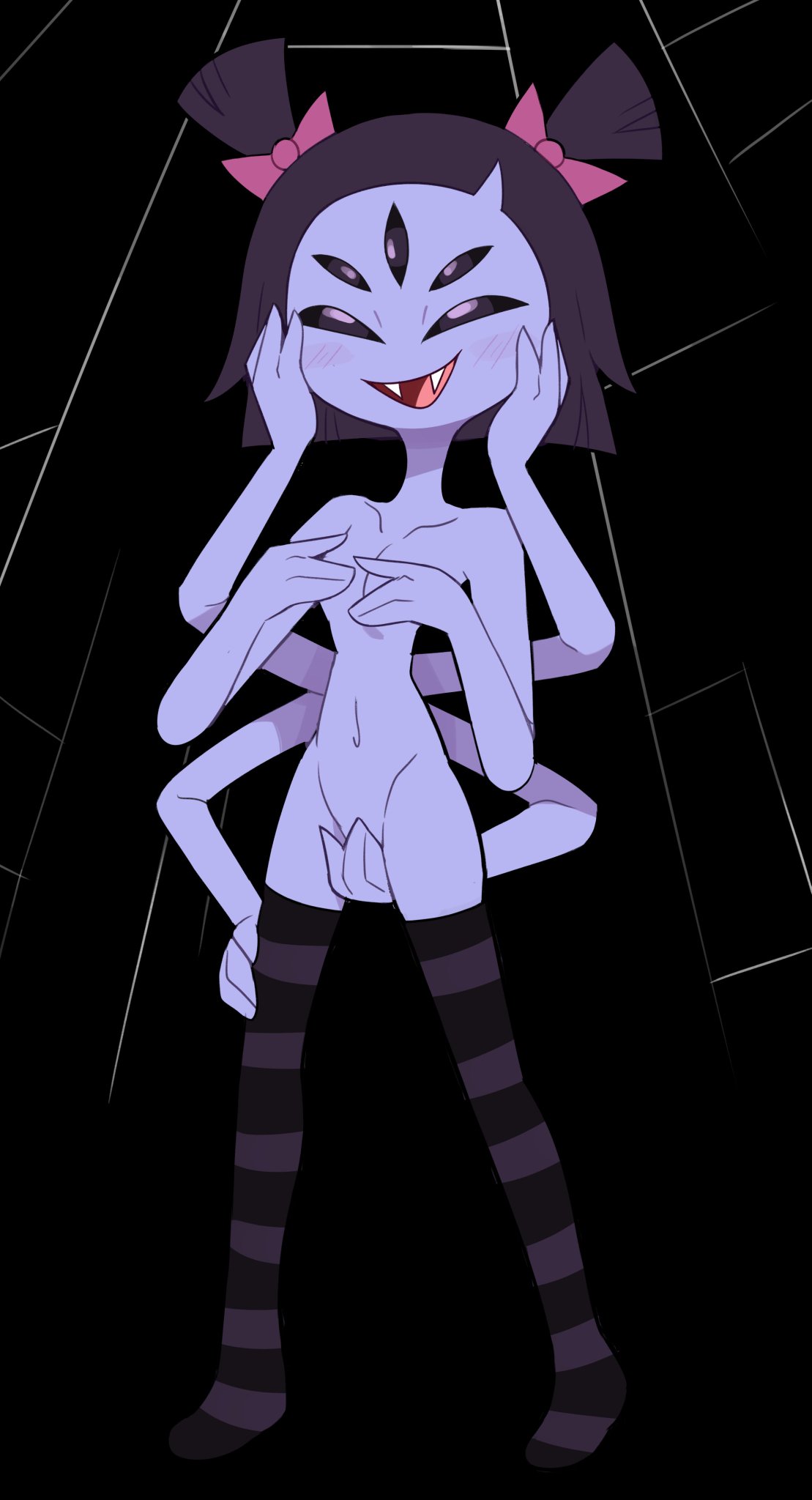 1girls bottomless breasts covering_chest covering_crotch female miscon muffet nude public_indecency socks_only tagme topless undertale