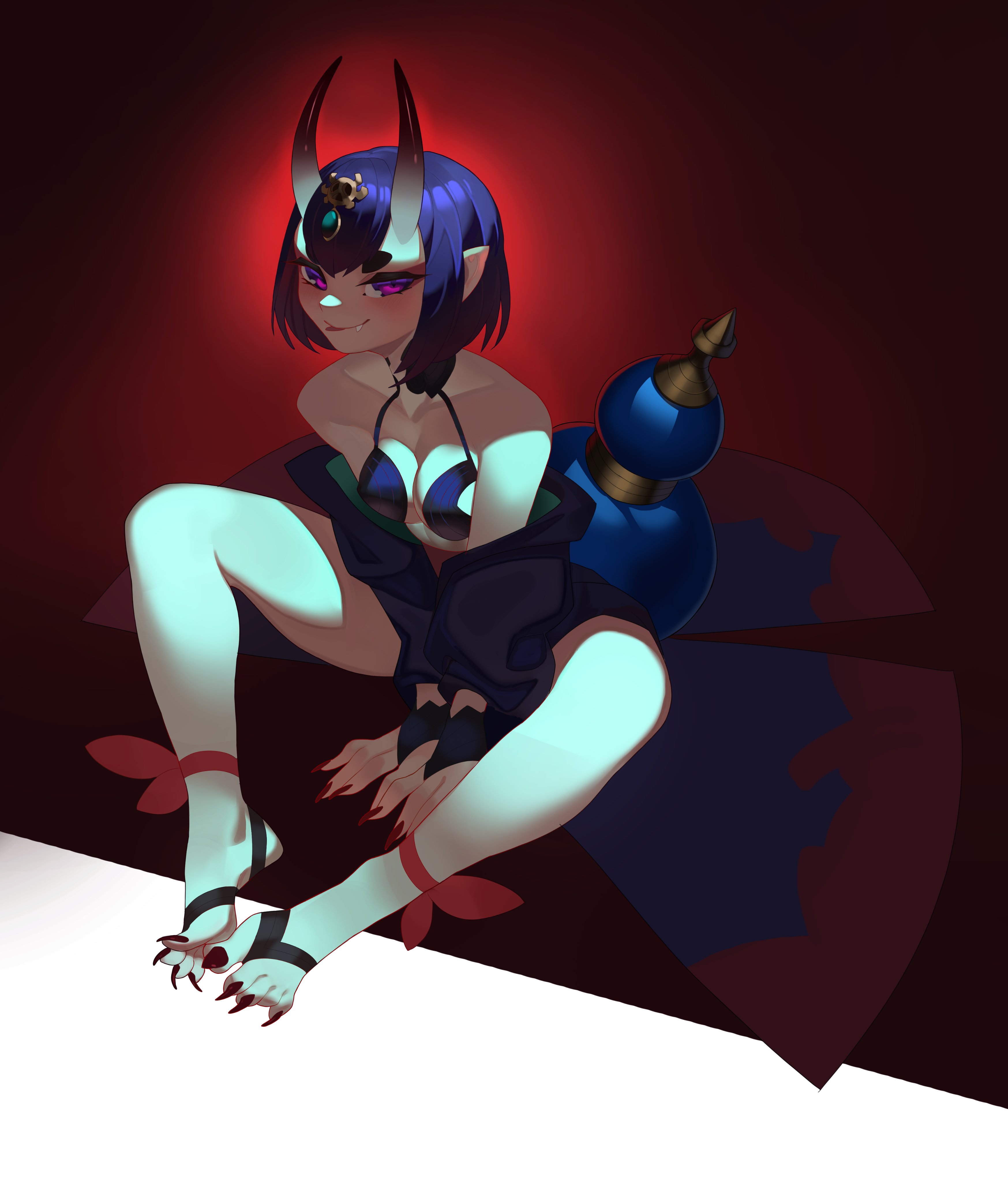 :p, 1girls, 2024, absurd res, fate (series), fate/grand order, female, female only, horns, looking at viewer, oni, oni horns, pink eyes, pointy ears, purple hair, roxy thefoxy, sharp fingernails, sharp toenails, shuten douji (fate), sitting, smiling, smiling at viewer, solo