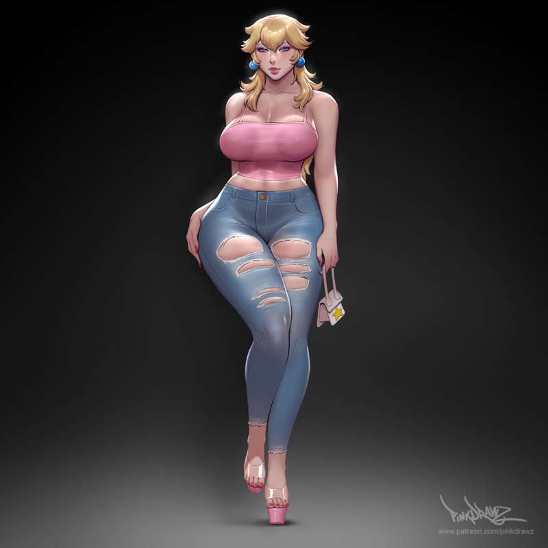 alternate_costume big_breasts blonde_hair blue_eyes cleavage female female_focus female_only fully_clothed heels high_heels looking_at_viewer mario_(series) pinkdrawz platform_heels princess_peach super_mario_bros. thick_thighs