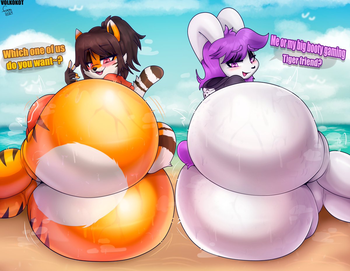 2girls anthro ass_bigger_than_head ass_focus beach bedroom_eyes bubble_ass bubble_butt dialogue_bubble fat_ass furry furry_female furry_only rabbit_girl rabbit_tail tai-pot_(kejohndrawing) thick_ass tiger_girl tiger_tail valrie_(valriedough) volkokot