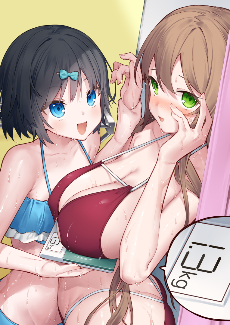 2girls :d bikini black_hair blue_bikini blue_bow blush bow breasts brown_hair character_request collarbone commentary_request green_eyes hairbow hanashiro_yuuka holding_another's_wrist large_breasts long_hair looking_at_another looking_at_viewer multiple_girls open_mouth original red_bikini short_hair small_breasts smile swimsuit tokuno_yuika wet