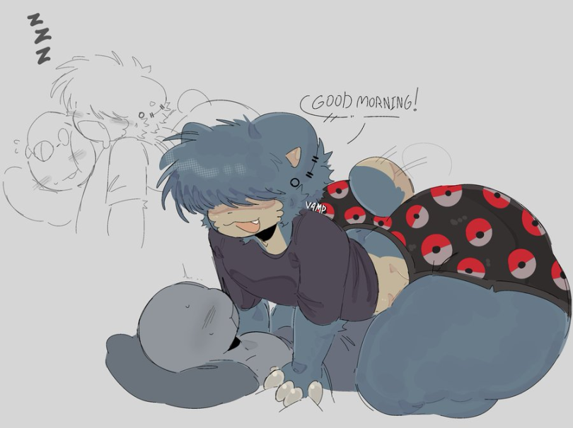 2boys anthro big_ass bottom_heavy bottom_heavy_femboy chubby chubby_male cute femboy furry furry_male good_morning hair_over_eyes large_ass male_on_anthro massive_ass massive_thighs pokemon pokemon_(species) sleeping snorlax source_request thick_thighs tight_clothing tight_pants tight_shorts v4mp1333 wagging_tail wholesome zzz