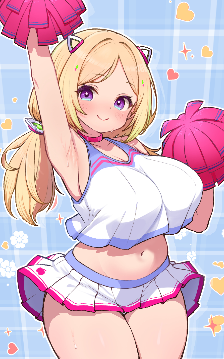 aki_rosenthal alternate_costume apple_print arm_up armpits blonde_hair blue_background blush breasts cheerleader commentary_request cowboy_shot detached_hair female floral_background hair_ornament heart heart_background highres hololive kani_bonara large_breasts looking_at_viewer microskirt navel pleated_skirt pom_pom_(clothes) purple_eyes skirt smile solo stomach virtual_youtuber white_skirt