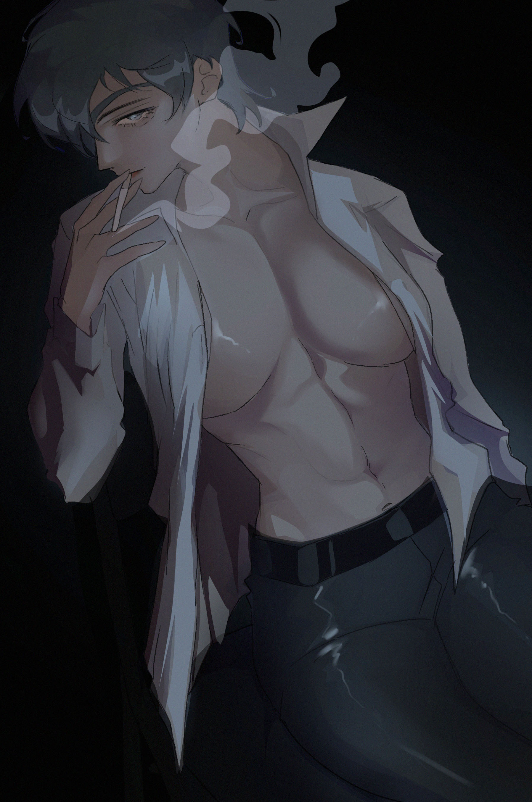 black hair, blue eyes, chainsaw man, eyepatch, himeno (chainsaw man), in pand, open shirt, smoking, sole female
