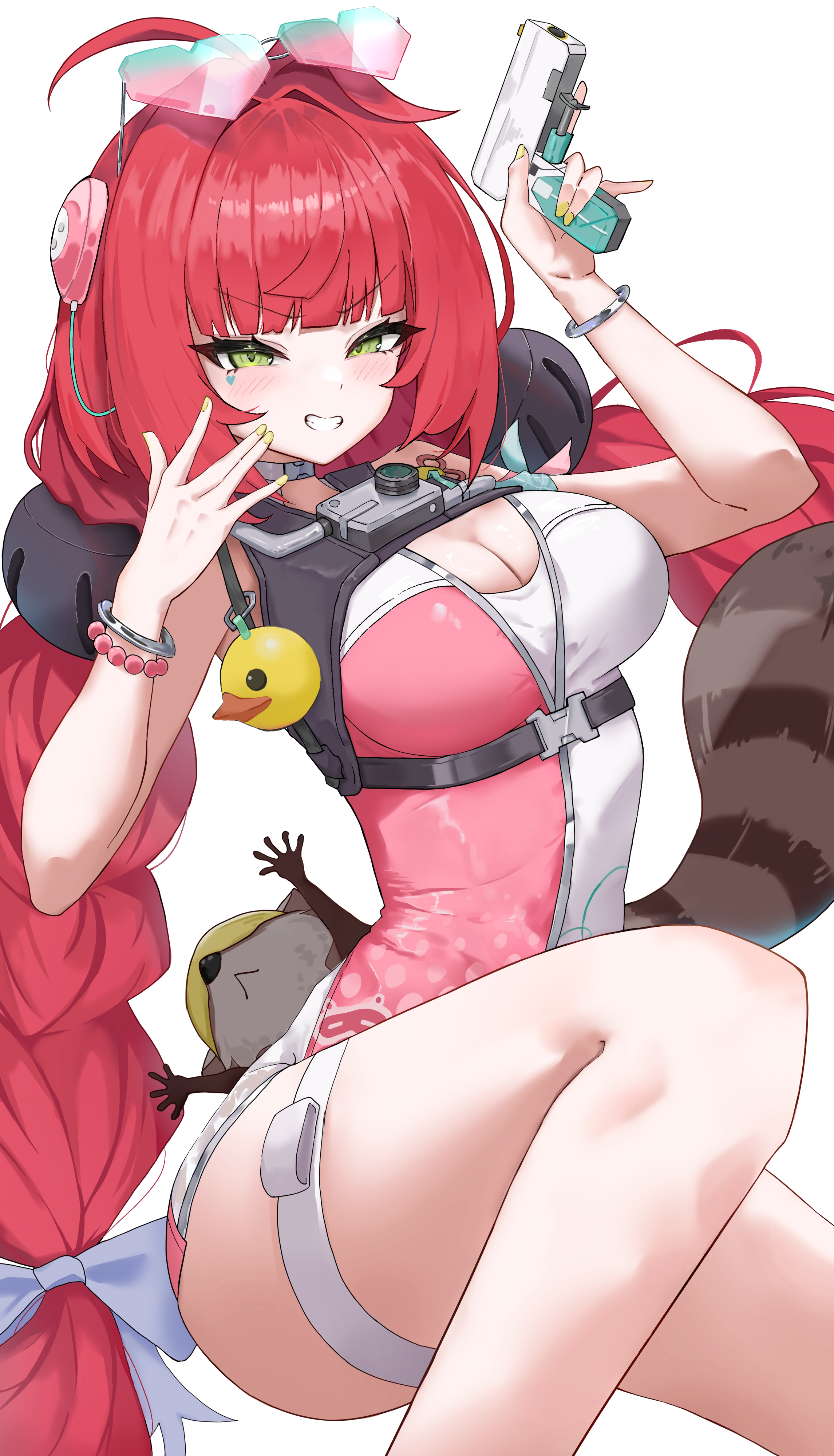 1girls, absurdres, ahoge, animal on back, bare shoulders, bikini top under shirt, bikini under clothes, bracelet, braid, braided twintails, breasts, cardigan, cleavage, eyewear on head, facial mark, female, female only, green eyes, hair ornament, headphones, heart, heart facial mark, heart-shaped eyewear, highres, holding, holding water gun, jewelry, large breasts, long hair, looking at viewer, low twin braids, official alternate costume, one-piece swimsuit, pink cardigan, pink one-piece swimsuit, red hair, scrunchie, simple background, smile, solo, sphere hair ornament, swimsuit, thigh strap, twin braids, two-tone one-piece swimsuit, ukinami yuzuha, ukinami yuzuha (tanuki in broad daylight), water gun, white background, wrist scrunchie, zenless zone zero, zo (nphm3333)