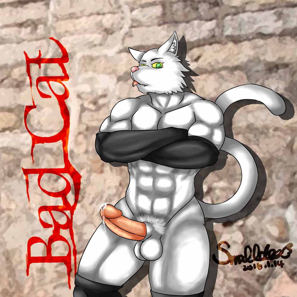 2014 animal animal_penis anthro_cat balls balls_out biceps bleakcat_(character) boner brick_wall cat cat_boy cat_ears cat_tail crossed_arms cum cumming green_pupils humanoid_penis latex_armwear latex_legwear legs male_only muscles naked nude nudity pecs pelvis penis precum public public_nudity red_text white_balls yellow_eyes