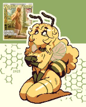 4 arms, anthro, anthro only, bee, bee girl, black sclera, feet, fluffy, gloves, gloves only, magazine cover, naked female, oc, original, original character, pixel (artwork), pixel art, sabeena carpenter (character), sabrina carpenter, solo, solo female, solo focus, thick thighs, thisislux, white pupils