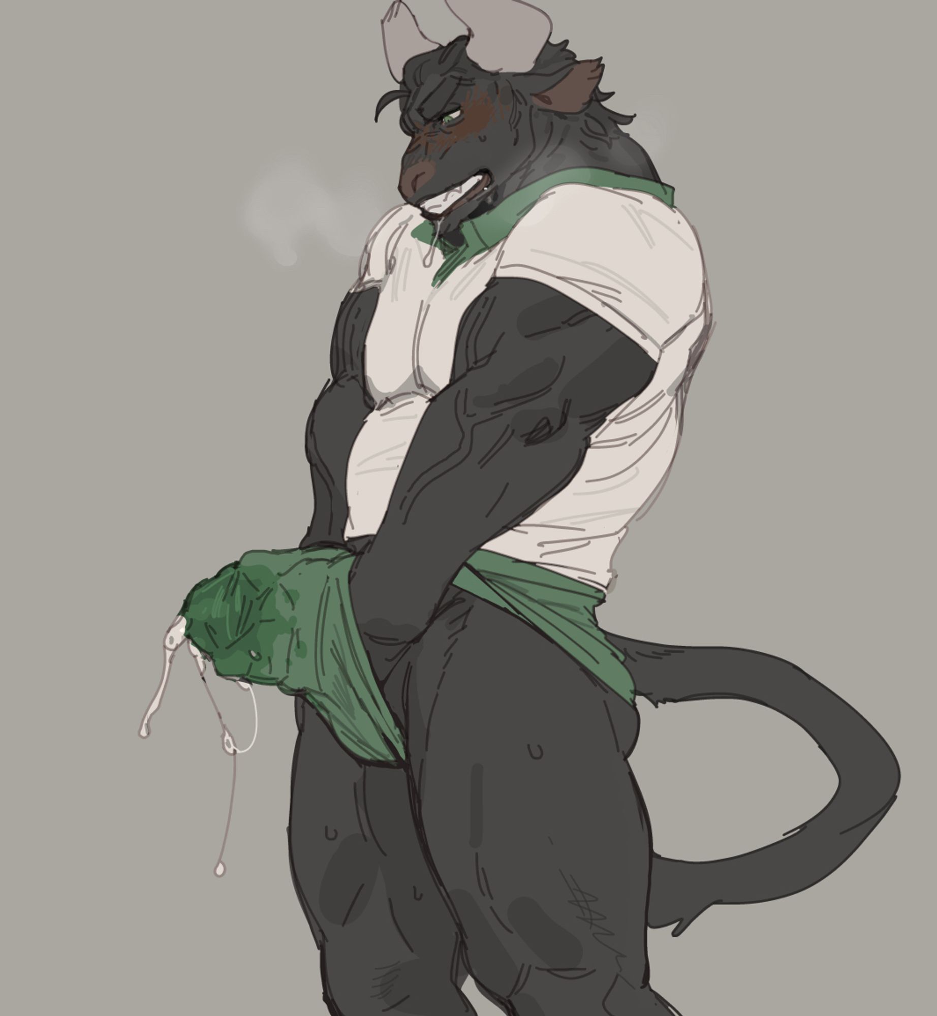 1boy, anthro, bebebebebe, blush, bovid, bovine, bull, erect penis, erection under clothes, green eyes, grey background, hi res, horns, male, male only, masturbation, muscular, muscular male, penis, penis grab, precum, precum drip, precum through clothing, precum through underwear, solo, steamy breath, tail, teeth clenched, underwear pull
