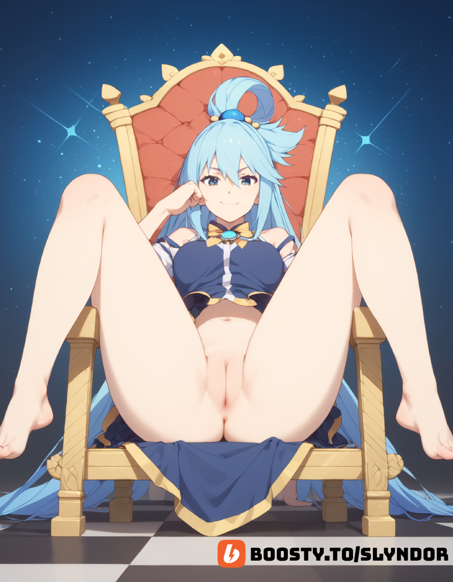 ai_generated aqua_(konosuba) kono_subarashii_sekai_ni_shukufuku_wo! legs_spread naked naked_female pussy pussy_shot sitting slyndor smile solo solo_female solo_focus stable_diffusion