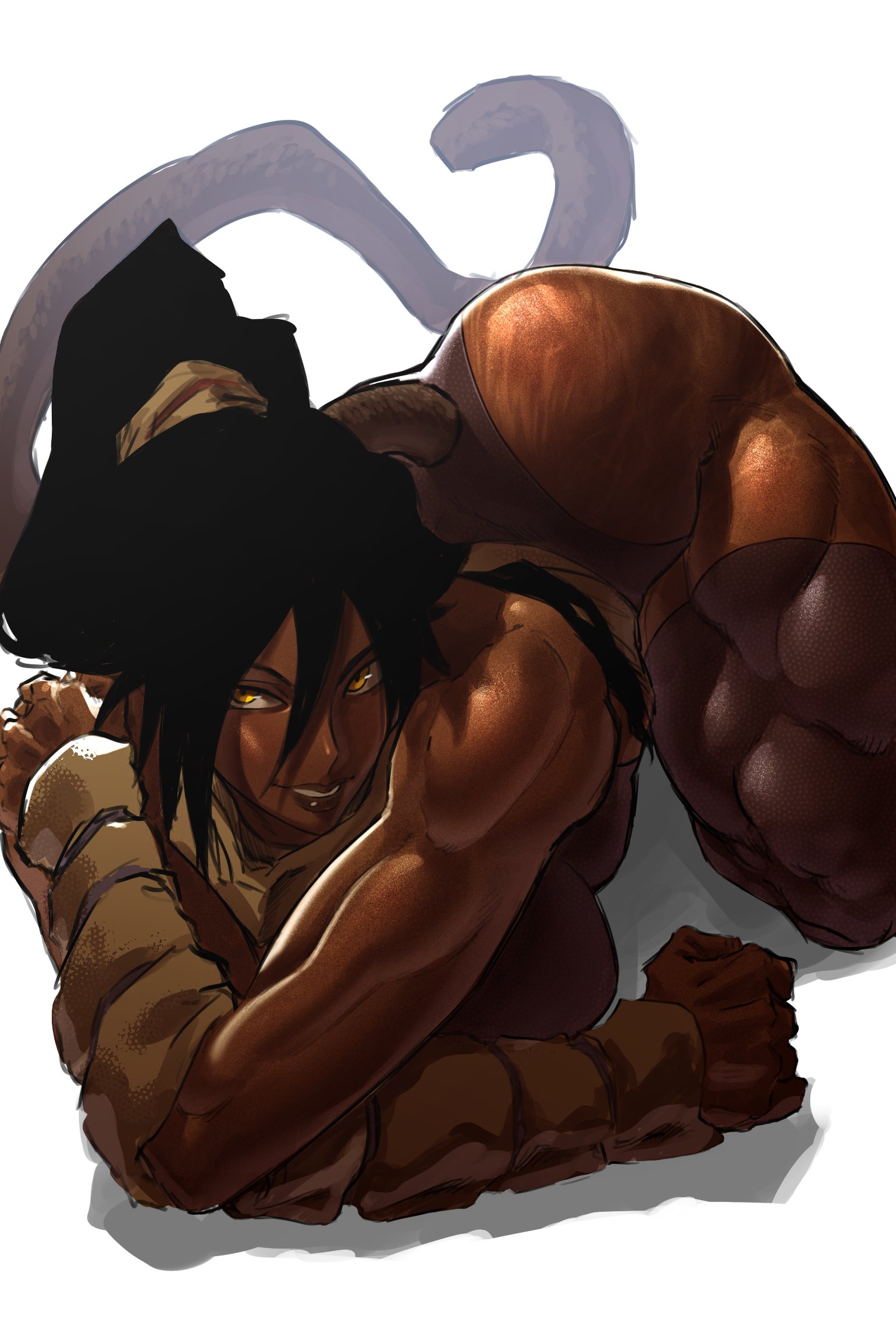 anime, anime character, anime girl, black legwear, black woman, bleach, cat tail, dark-skinned female, female, female only, kin machina, muscular female, ponytail, shihouin yoruichi, yellow eyes