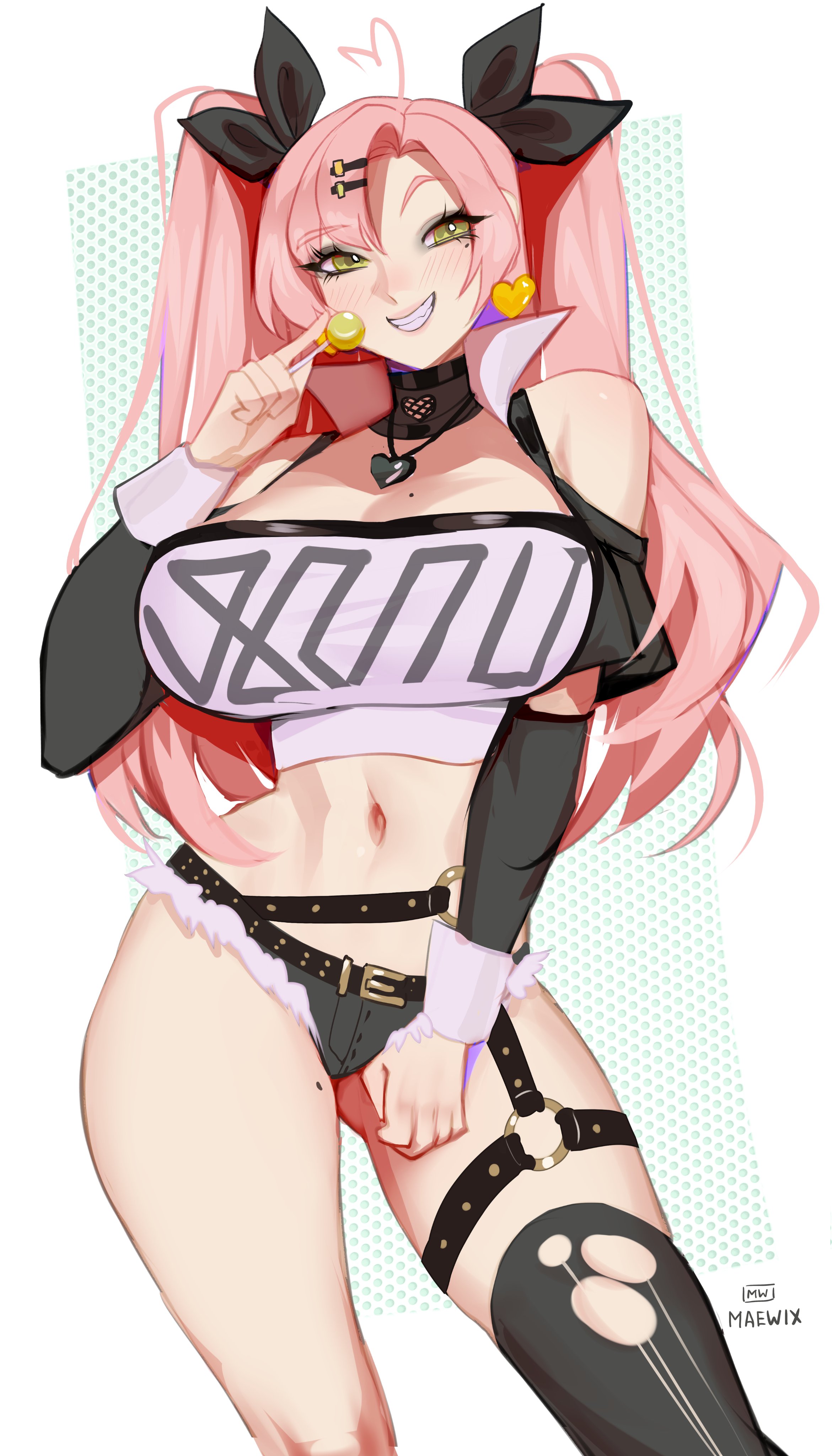 1girls, absurd res, arm sleeves, big breasts, black thighhighs, blush, breasts, earrings, female, female only, fur-trimmed shorts, green eyes, hair ribbon, hairclip, lollipop, long hair, looking at viewer, maewix1, minishorts, nicole demara, o-ring, one thighhigh, pink hair, smiling, smiling at viewer, solo, straps, teeth showing, thighhighs, topwear, torn thighhighs, twintails, wrist cuffs, zenless zone zero