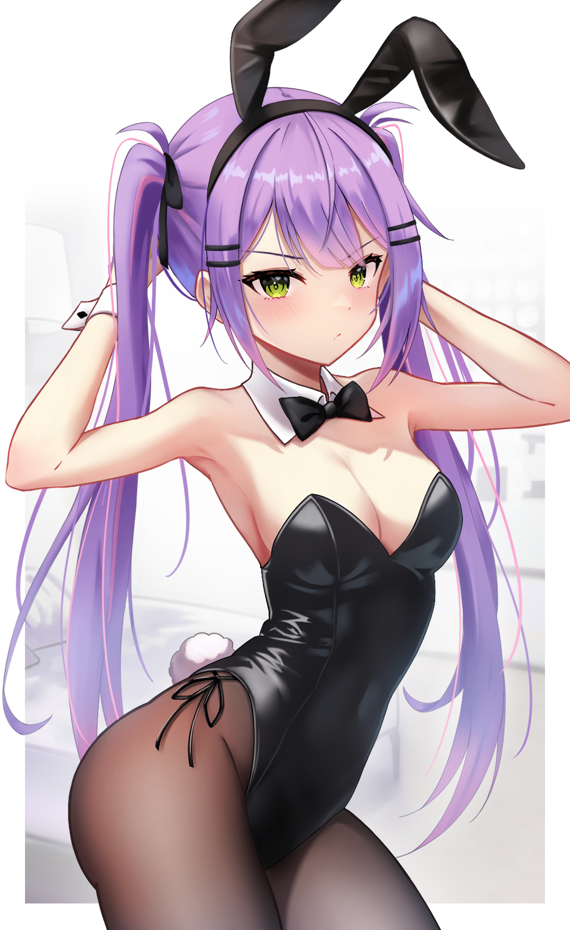 animal ears, arms behind head, bangs, black bow, black bowtie, black pantyhose, black ribbon, bow, bowtie, commentary, cowboy shot, detached collar, fake animal ears, fake tail, female, frown, green eyes, hair ornament, hair ribbon, hairclip, headband, highres, holoforce, hololive, hololive japan, long hair, looking at viewer, multicolored hair, pantyhose, pink hair, playboy bunny, purple hair, rabbit ears, rabbit tail, ribbon, sidelocks, solo, streaked hair, swept bangs, tail, teru (teru170), tokoyami towa, twintails, virtual youtuber, white wrist cuffs