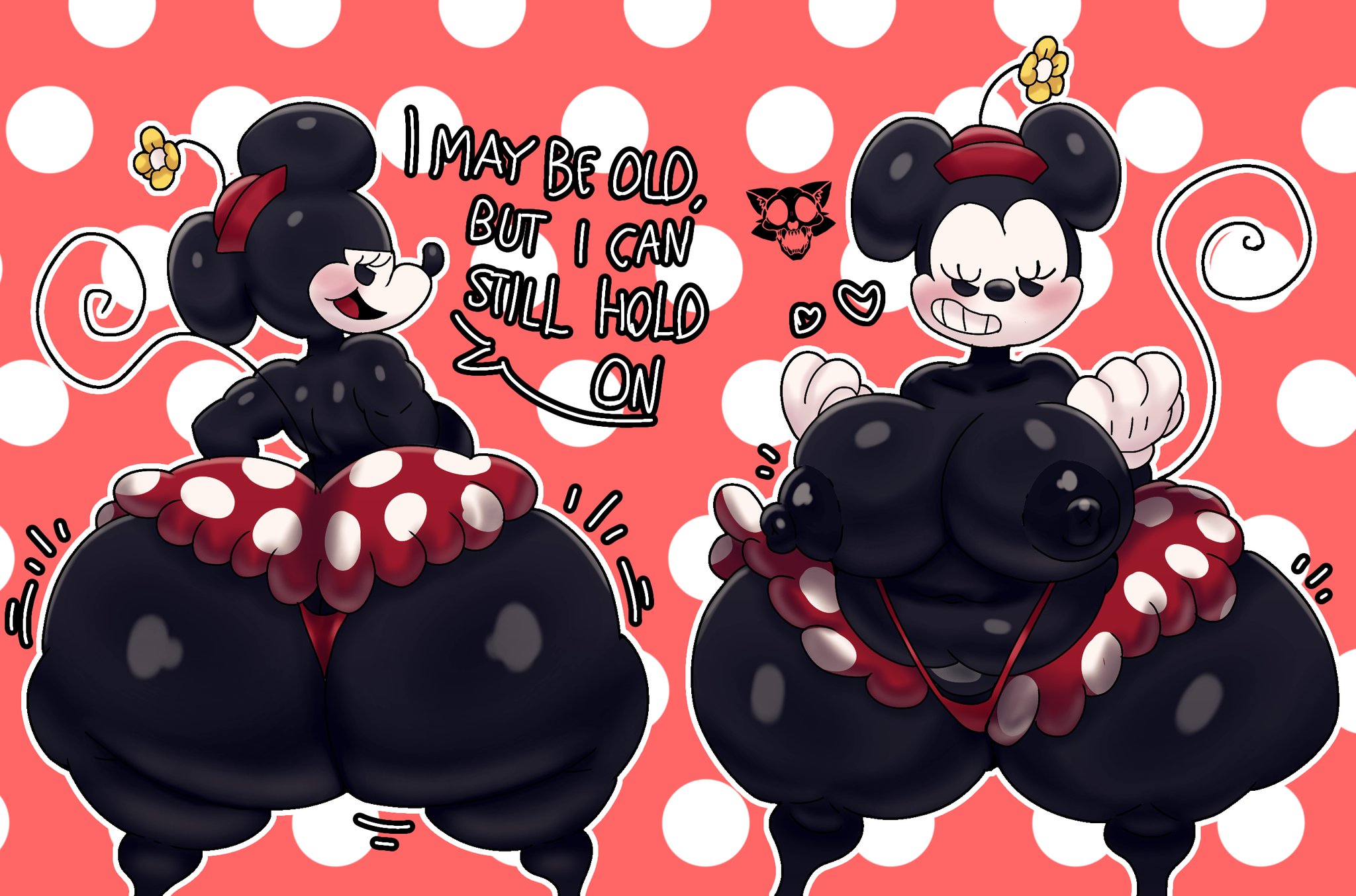 2024, anthro, ass, ass bigger than head, ass cleavage, ass crack, ass focus, backboob, balls, belly, big balls, black body, blush, bottomwear, breasts, butt crack, clothing, digital media (artwork), disney, dotted background, english text, female, female only, flower, footwear, hat, headgear, headwear, heart symbol, hi res, huge breasts, hyper ass, looking at viewer, looking back, male, mammal, minnie mouse, mouse, murid, murine, nipples, open mouth, pattern background, plant, revealing clothes, rodent, shortstack, sideass, simple background, skirt, smile, smiling at viewer, solo, tail, teasing, text, thedeathcrow05, thick thighs, thong, topless, underass, underwear, wide hips
