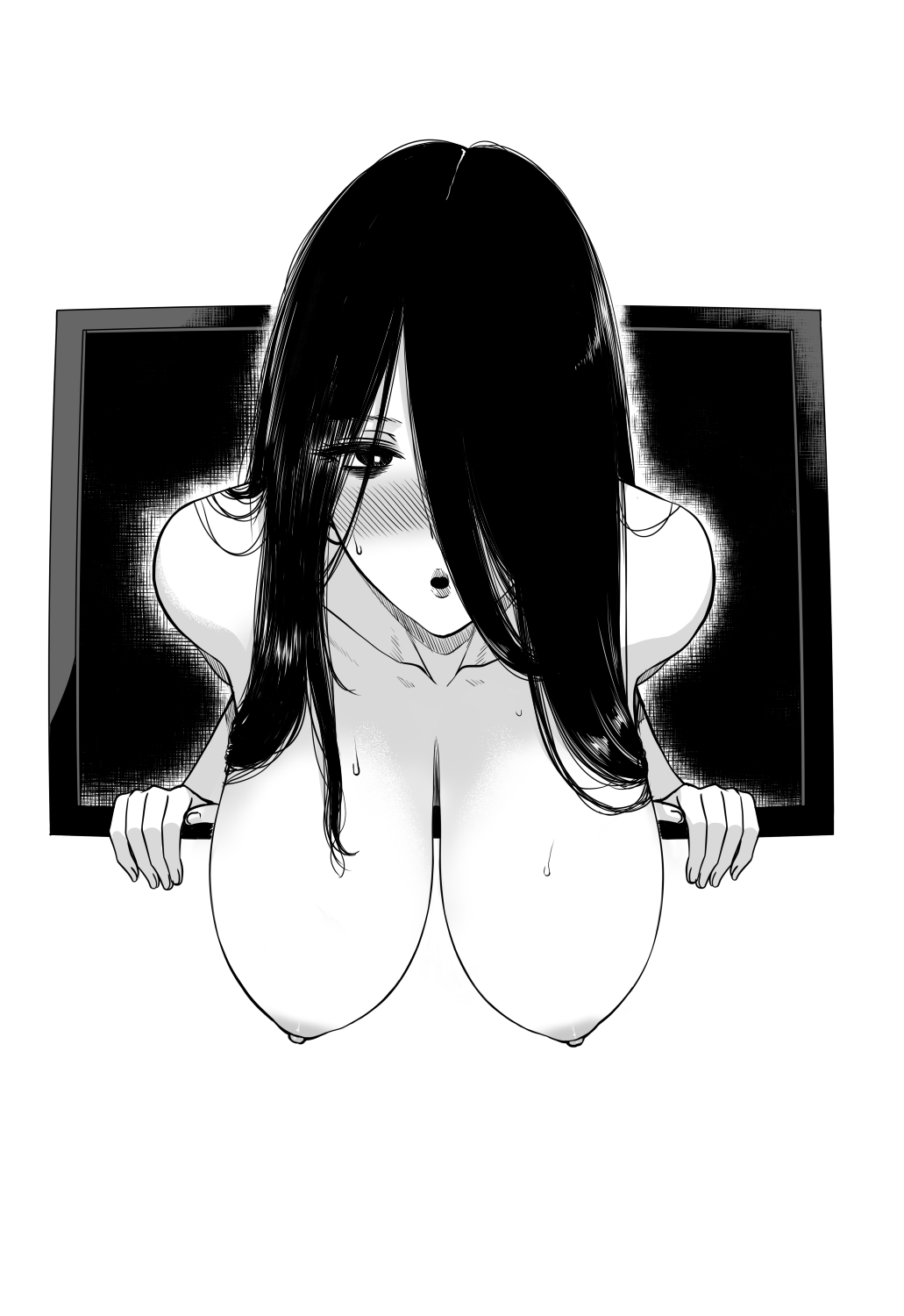 1girls black_eyes black_hair breasts ghost ghost_girl large_breasts long_hair monochrome nude nude_female original xtermination yamamura_sadako