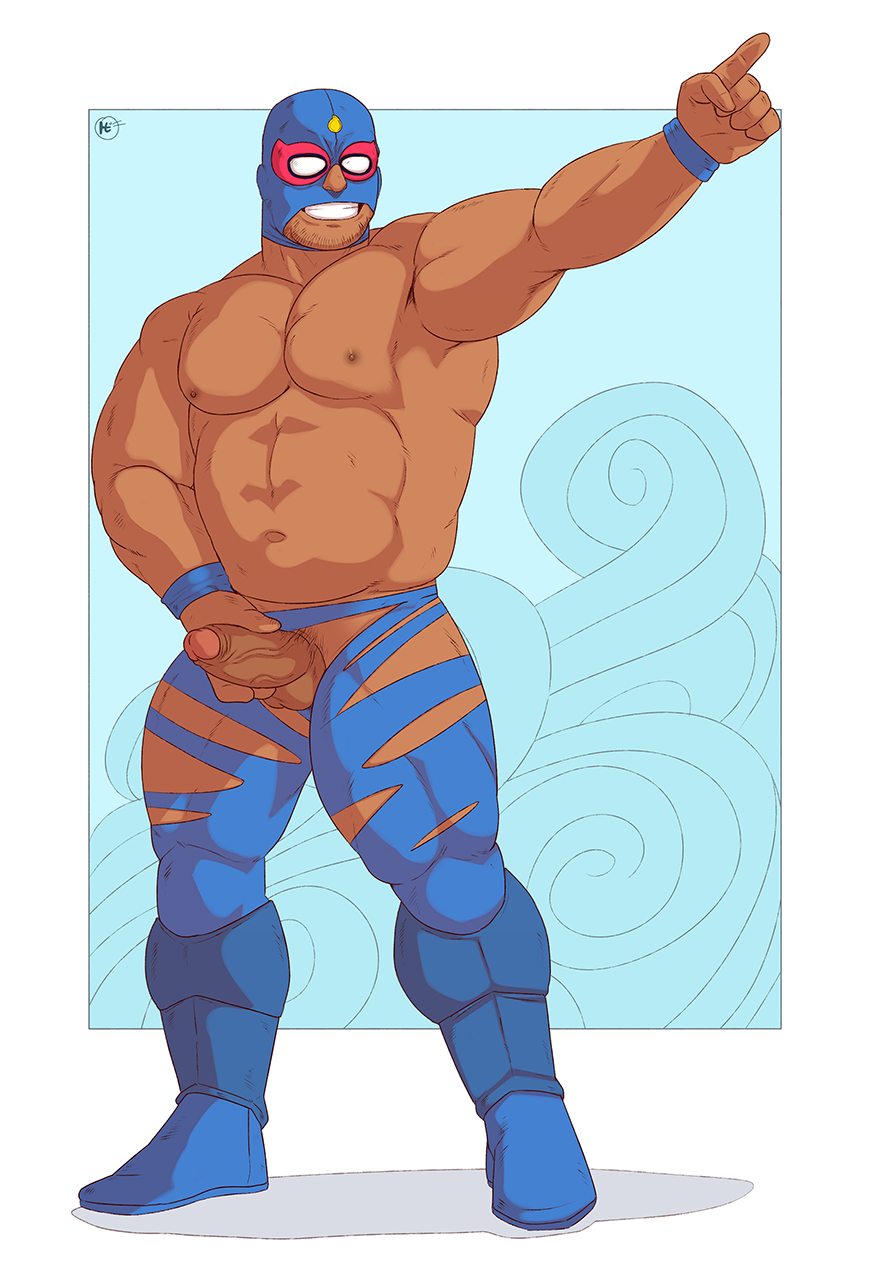 1boy abs alternate_facial_hair bara biceps brawl_stars dark-skinned_male dark_skin el_primo erection flexing girthy_penis grin highres large_pectorals looking_at_viewer luchador_mask male male_focus male_only muscular muscular_male navel nipples pants pectorals penis penis_grab pointing pointing_forward smile solo sparse_stubble standing stomach strongman_waist thick_thighs thighs topi_(topi5356) topless_male torn_clothes torn_pants uncensored wrestler wrestling_outfit