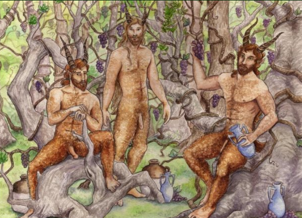 brown_fur brown_hair facial_hair flaccid_penis grapes greek_mythology hairy_body horns legs_apart long_hair mythology pan_(mythology) pointy_ears satyr spread_legs tagme