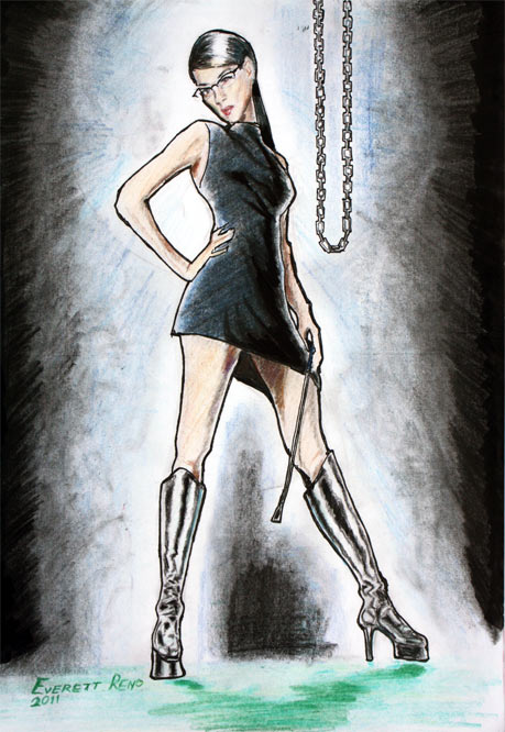 1girls boots breasts brown_hair chains dress everett_reno female finnish glasses hand_on_hip high_heel_boots kirsi_salo lipstick little_black_dress riding_crop sketch weakest_link whip