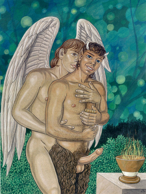 brown_eyes brown_fur brown_hair deity erect_nipples erection eros feathered_wings flames greek_mythology green_eyes horns implied_sex male_only mythology outdoors pan pan_flute panpipes tagme uncut