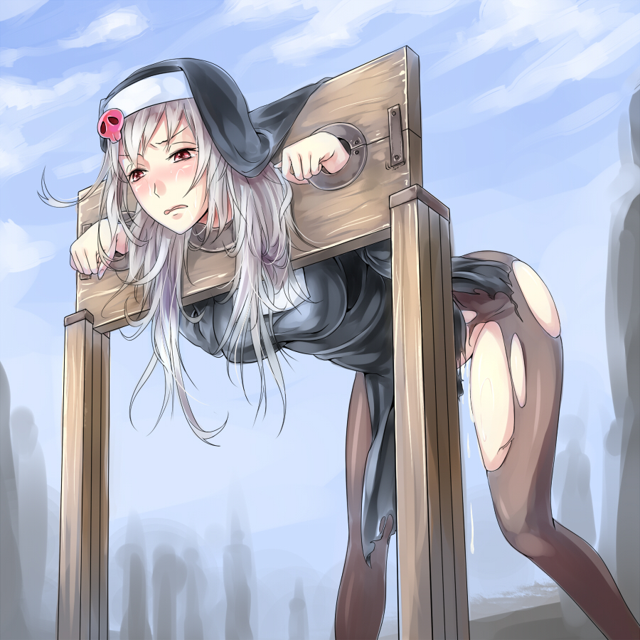 blush bondage breasts brown_eyes cum female long_hair nun outdoors pantyhose pillory silver_hair solo_focus sukumo_(kemutai) torn_clothes