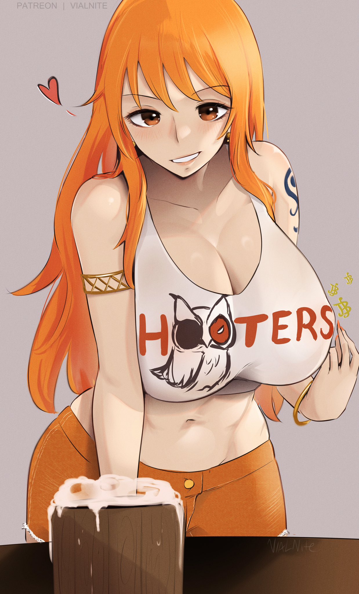 1girls booty_shorts breasts cleavage female female_only grin hooters hooters_uniform huge_breasts light-skinned_female light_skin long_hair nami naughty_face one_piece orange_hair post-timeskip short_shorts shorts smile tank_top twitter vialnite waitress